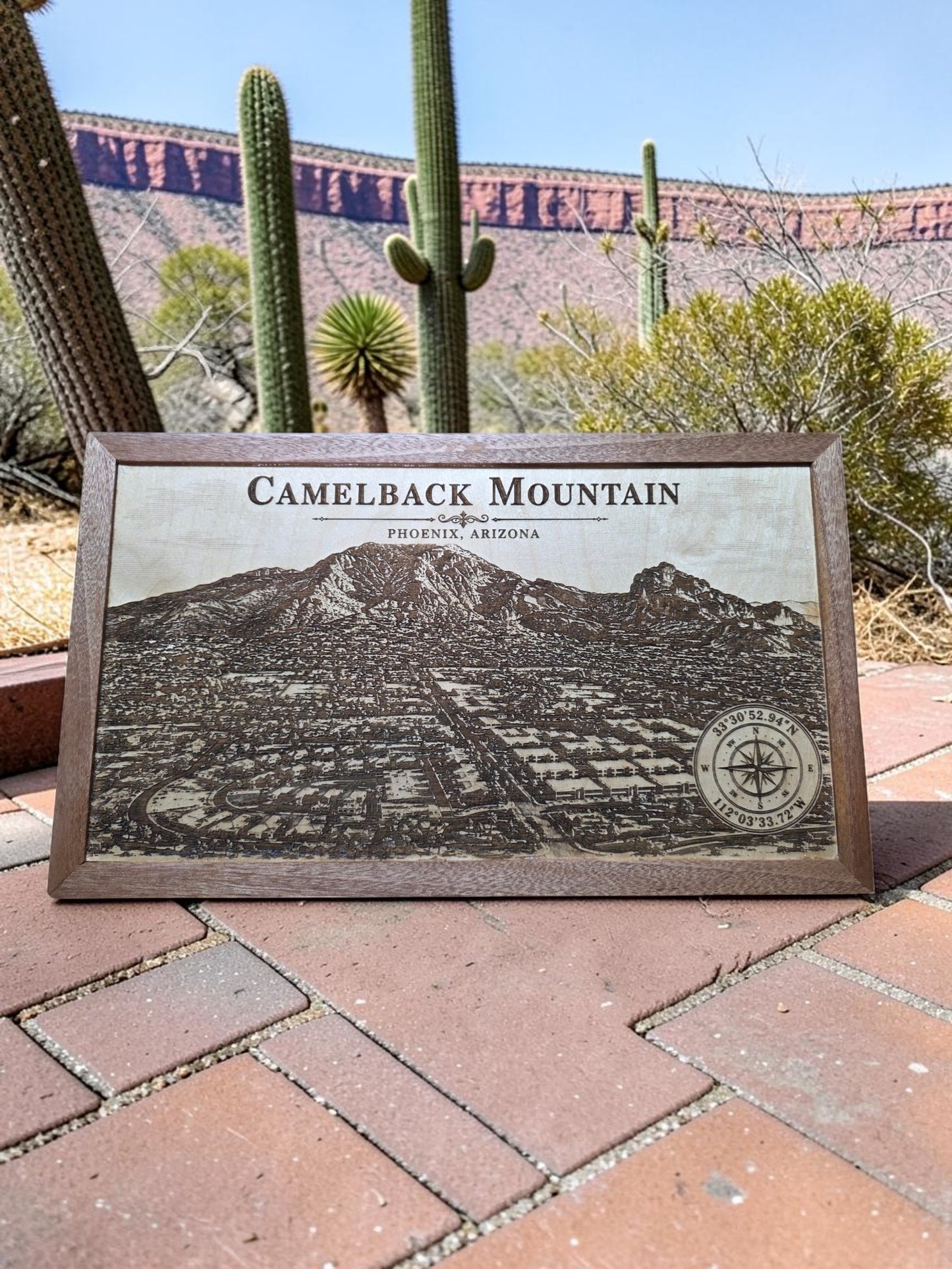 Camelback Mountain Phoenix Arizona Laser Engraved Wood Wall Art with Solid Mahogany Frame