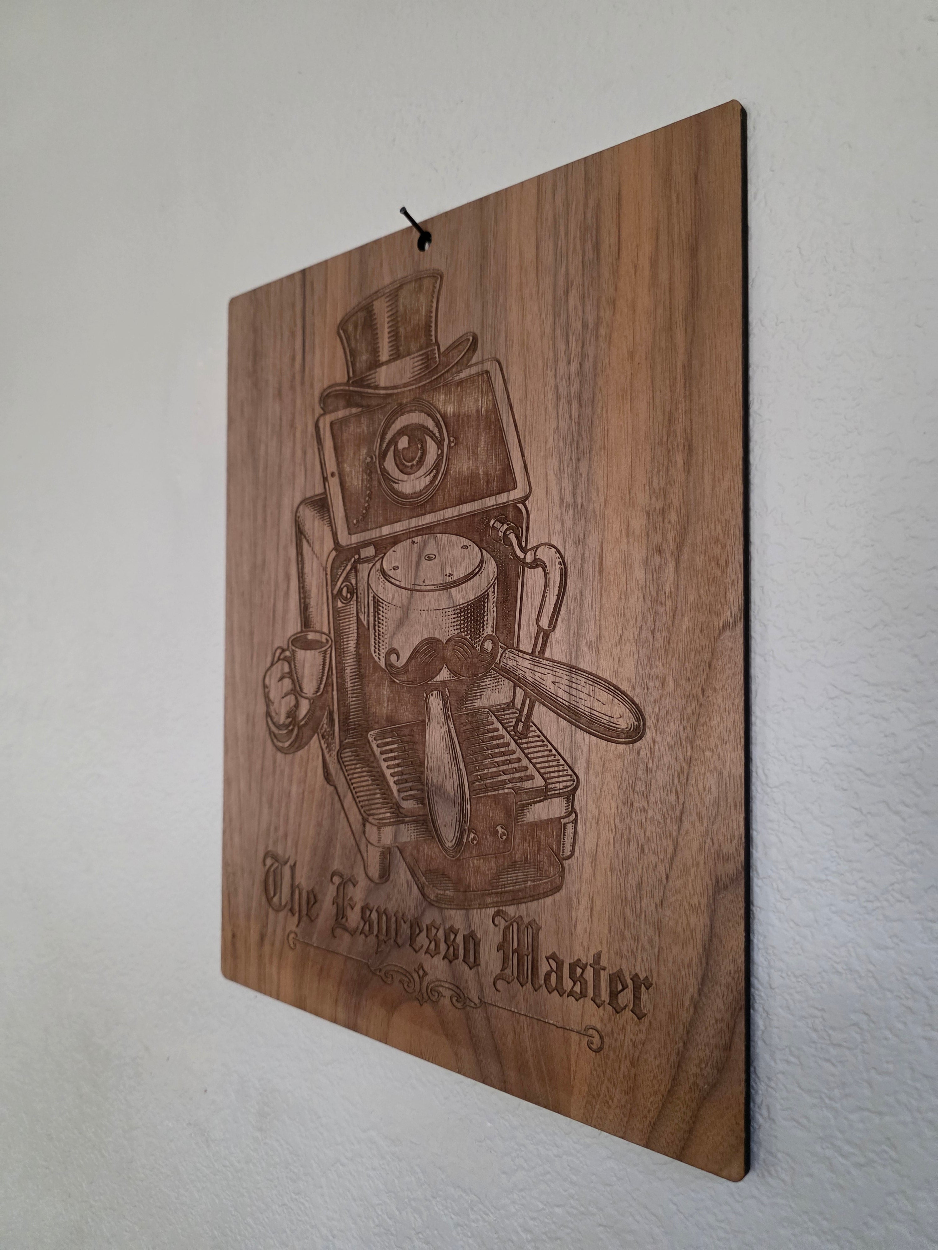 The Espresso Master – 11" x 17" Engraved Walnut Coffee Wall Art