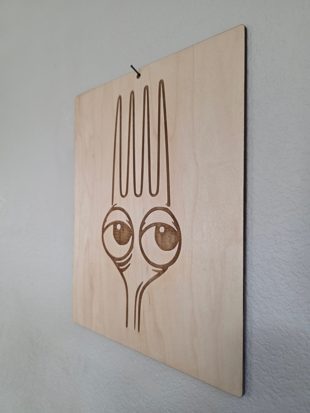 Whimsical Fork Face Maple Wall Art – 11" x 17" Laser Engraved Kitchen Décor