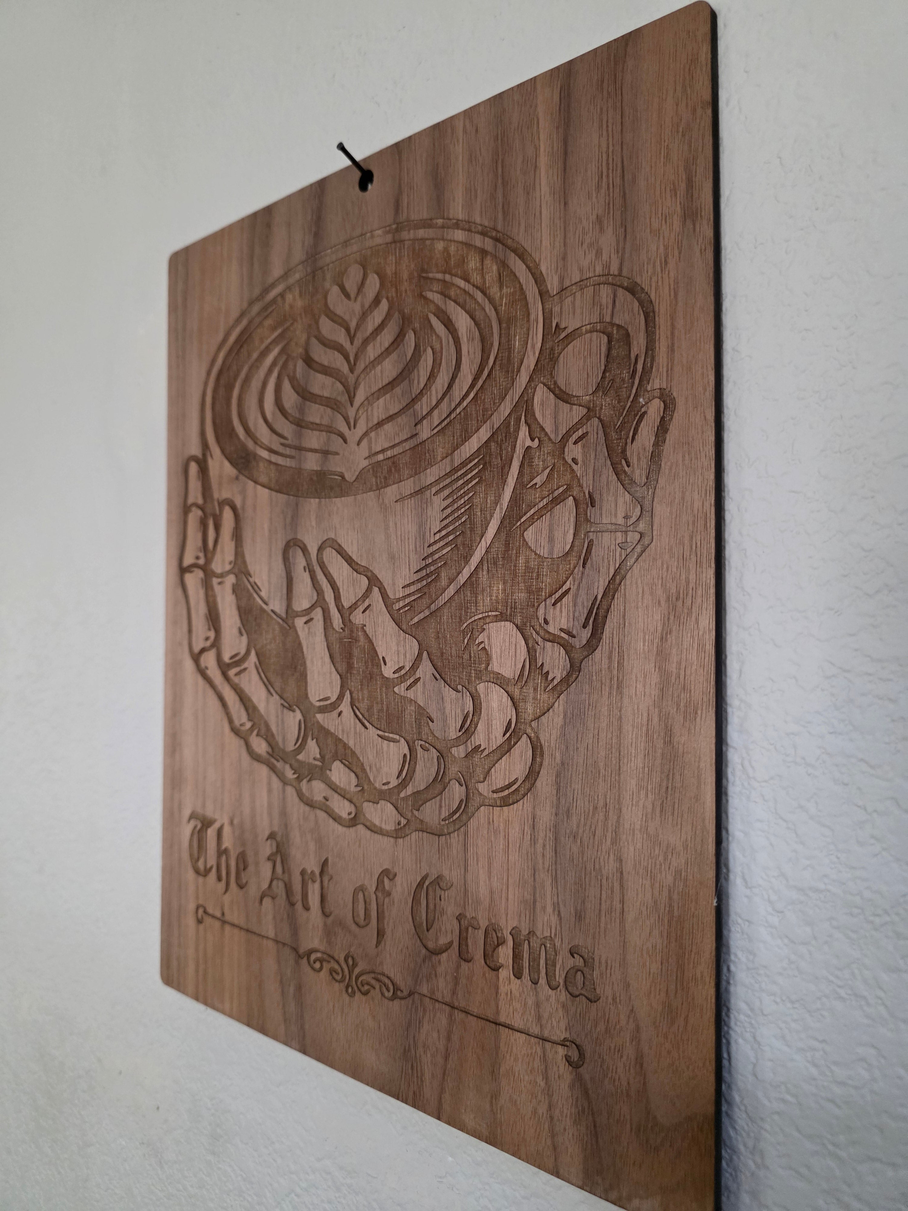 The Art of Crema – 11" x 17" Engraved Walnut Coffee Wall Art