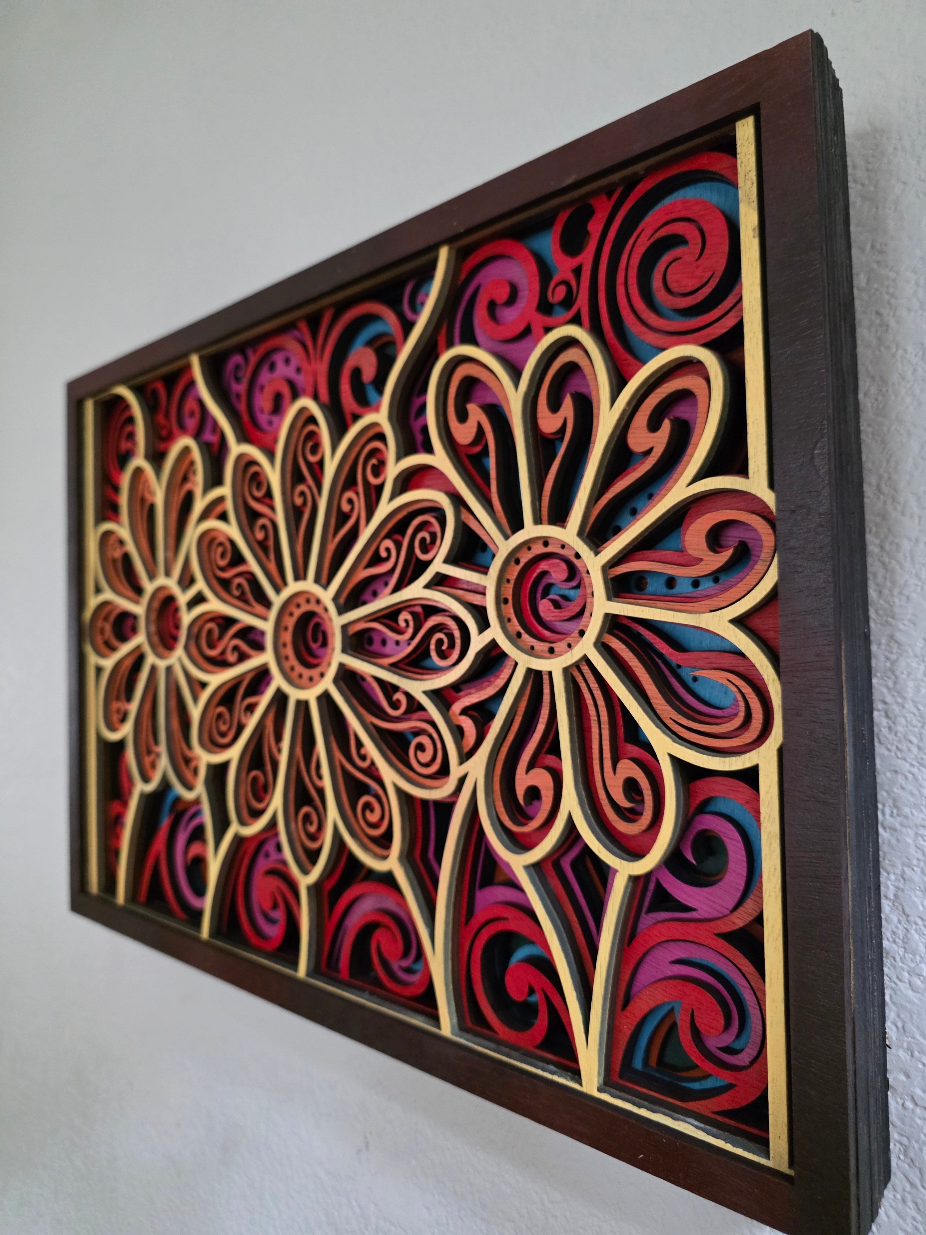 Bohemian Floral Mandala Layered Wood Wall Art – 18.12" × 12.97"