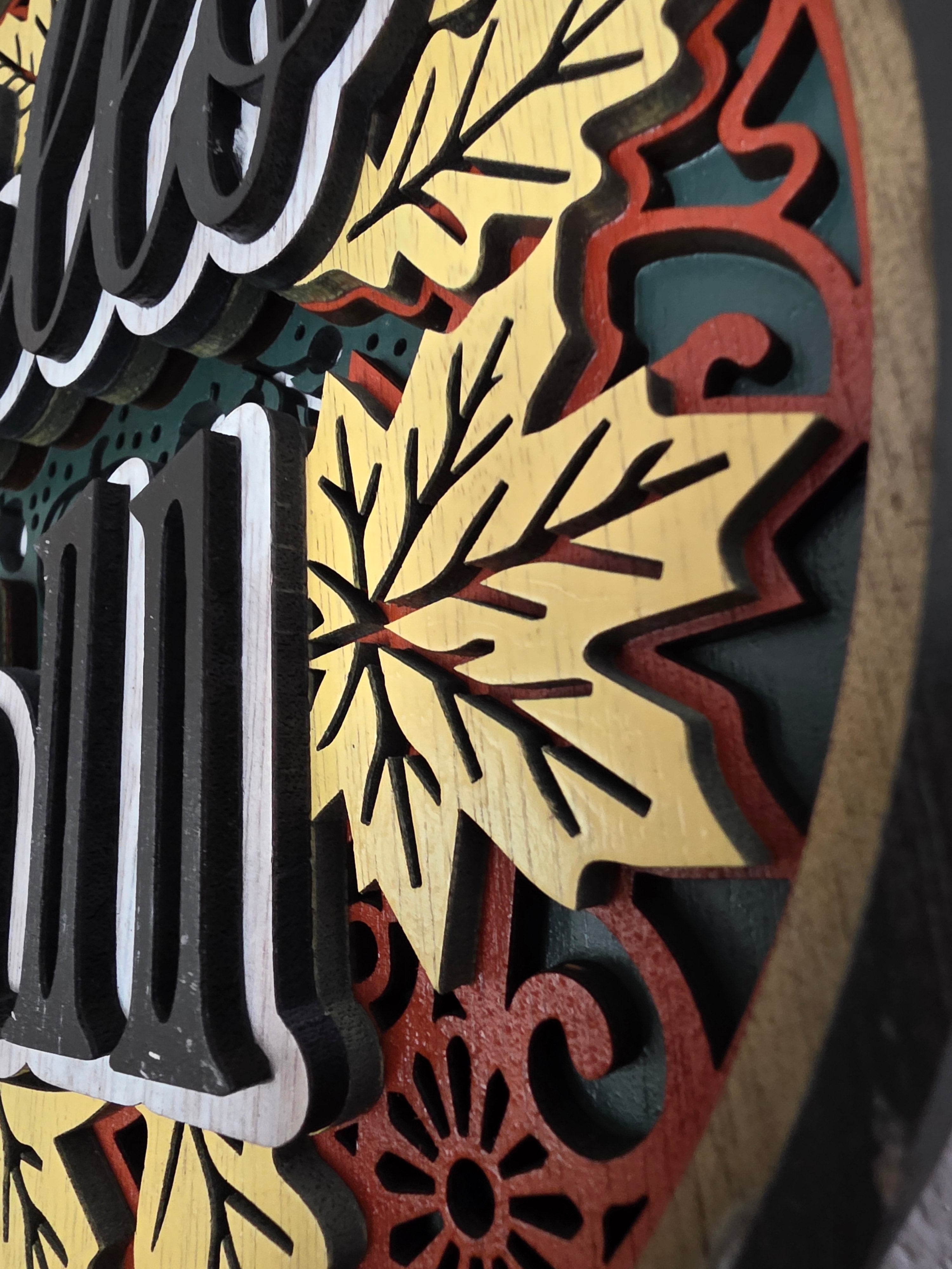 3D Layered Hello Fall Wood Wall Art – Hand-Painted Autumn Mandala Décor