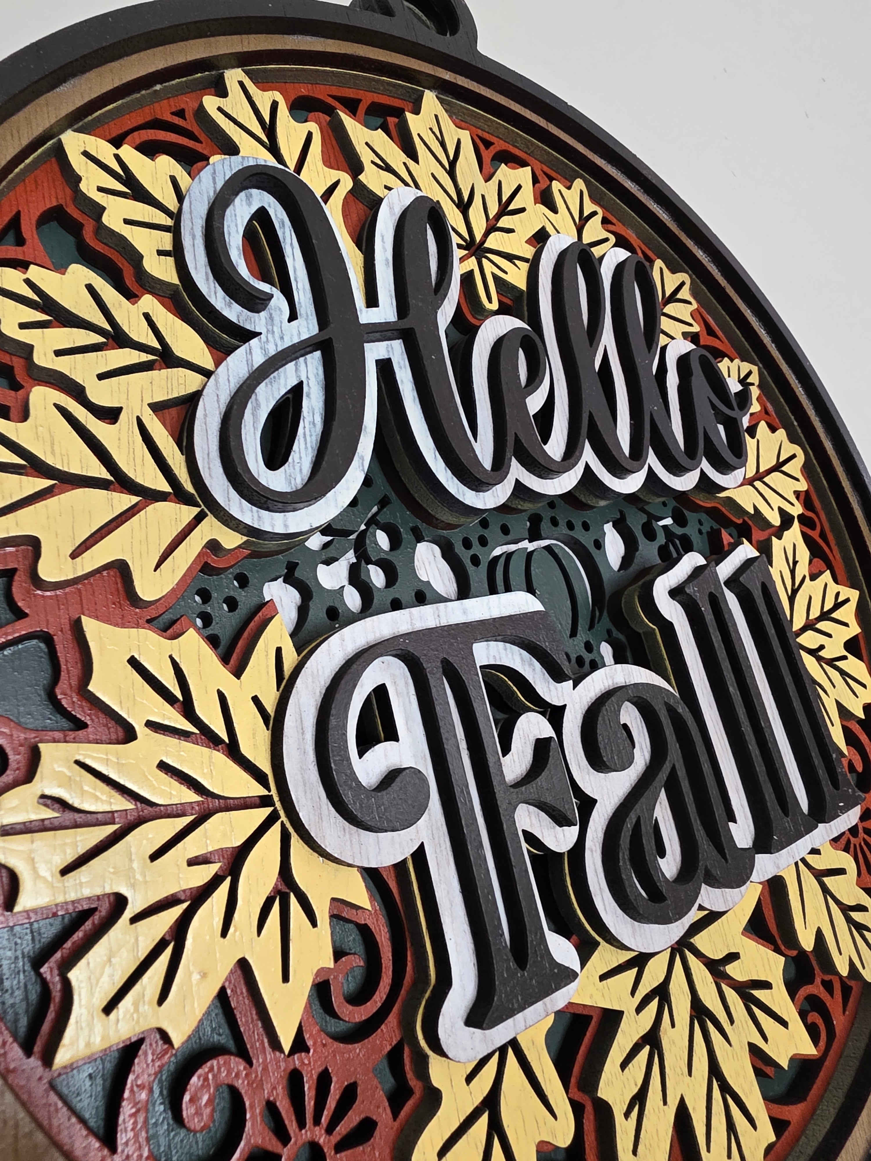 3D Layered Hello Fall Wood Wall Art – Hand-Painted Autumn Mandala Décor