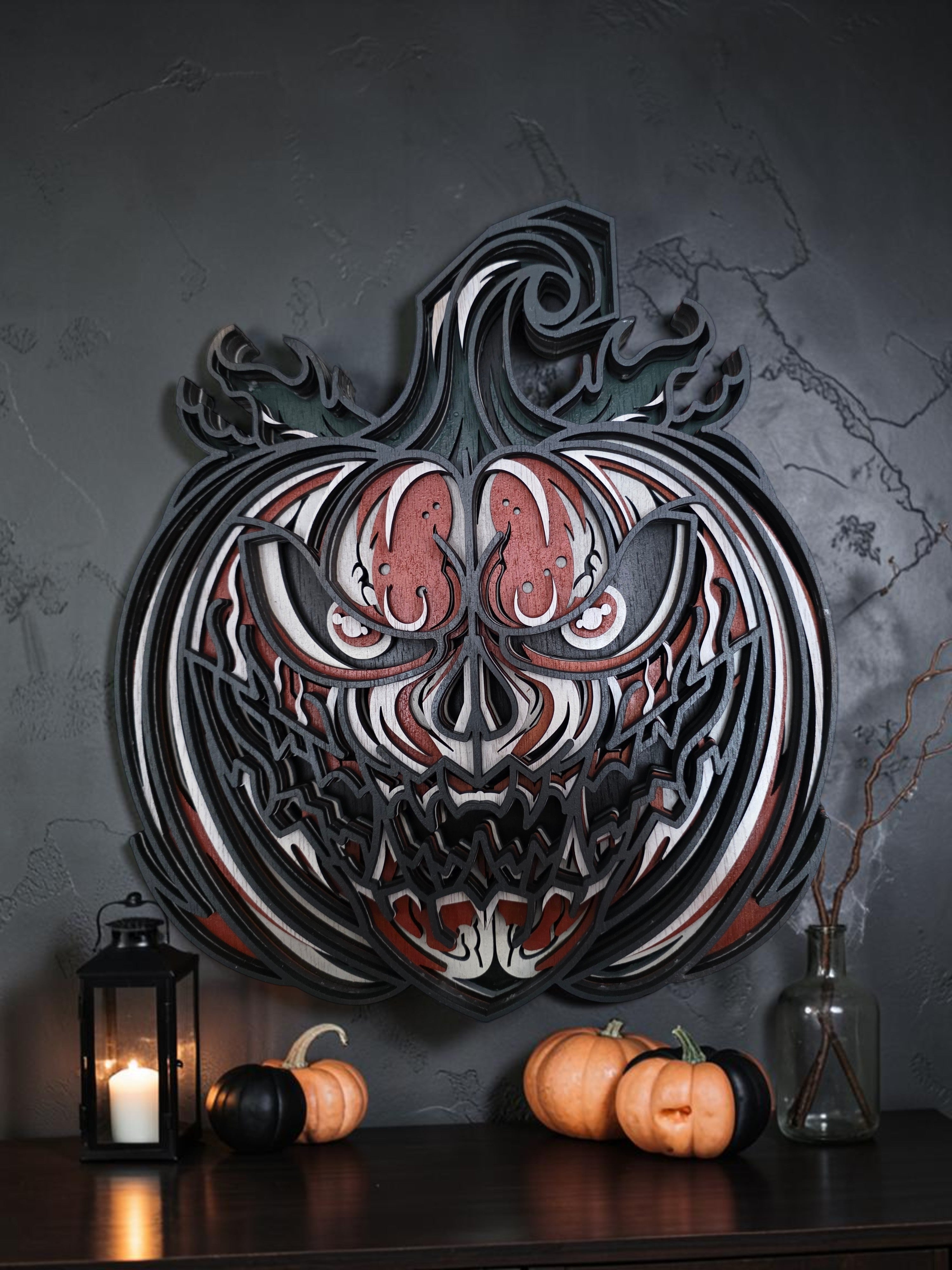 3D Layered Skull Pumpkin Wood Wall Art – Hand-Painted Halloween Mandala Décor