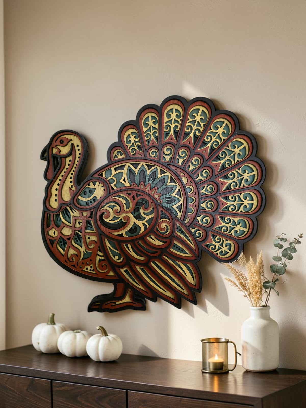 Mandala Turkey Wood Wall Art – Layered Thanksgiving Decor