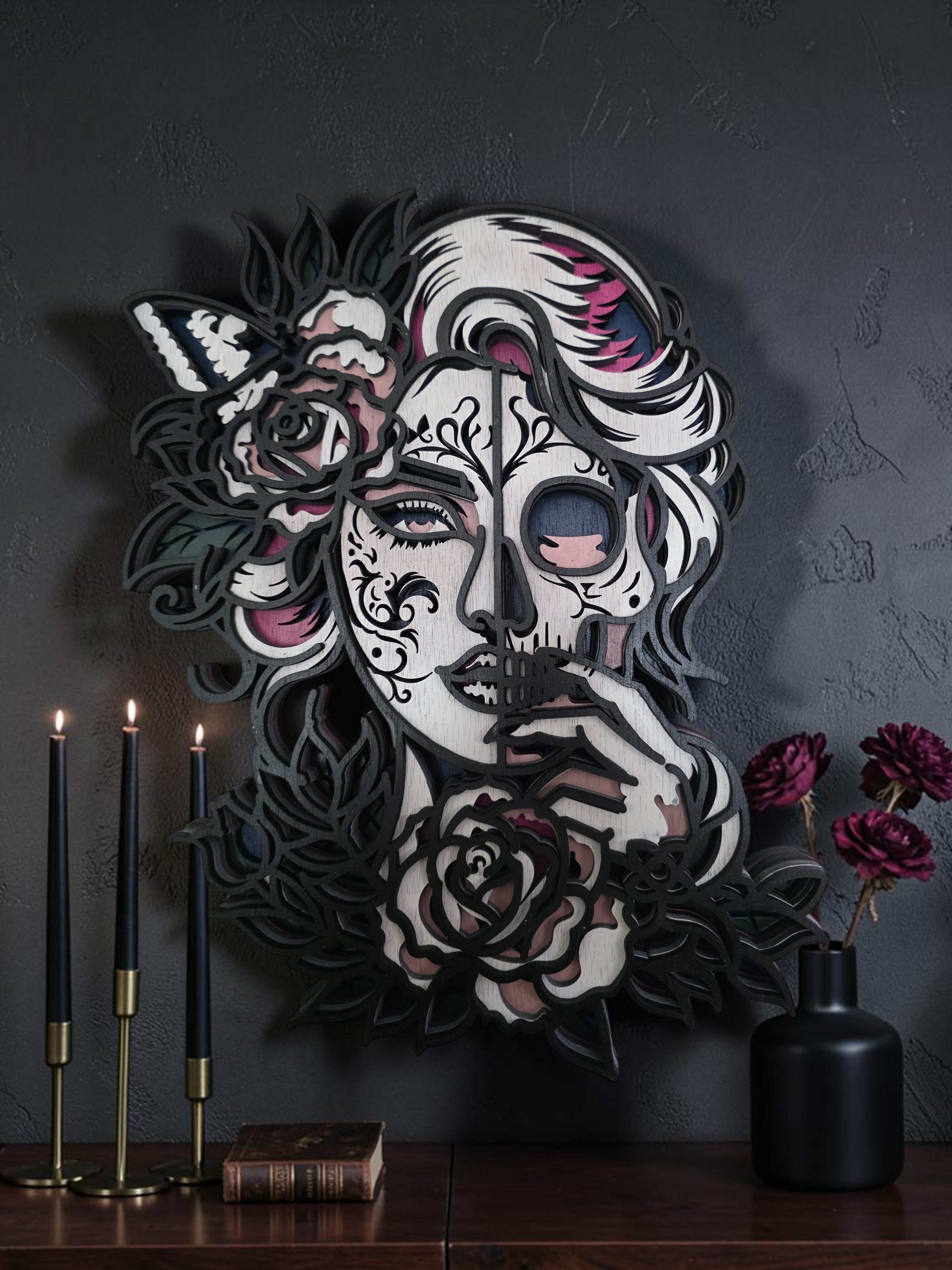 Sugar Skull Woman Layered Wood Wall Art – Gothic Rose Décor