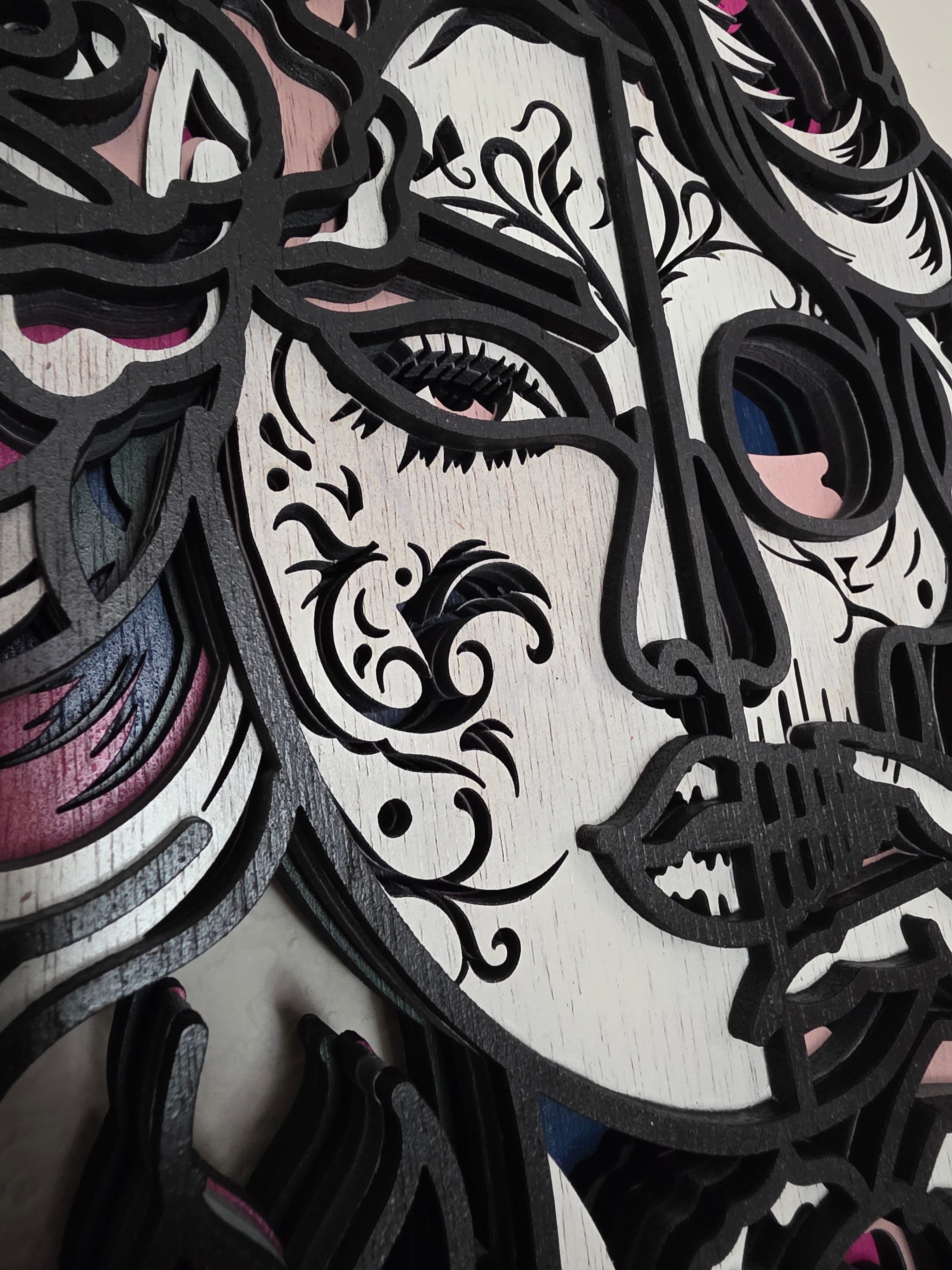 Sugar Skull Woman Layered Wood Wall Art – Gothic Rose Décor