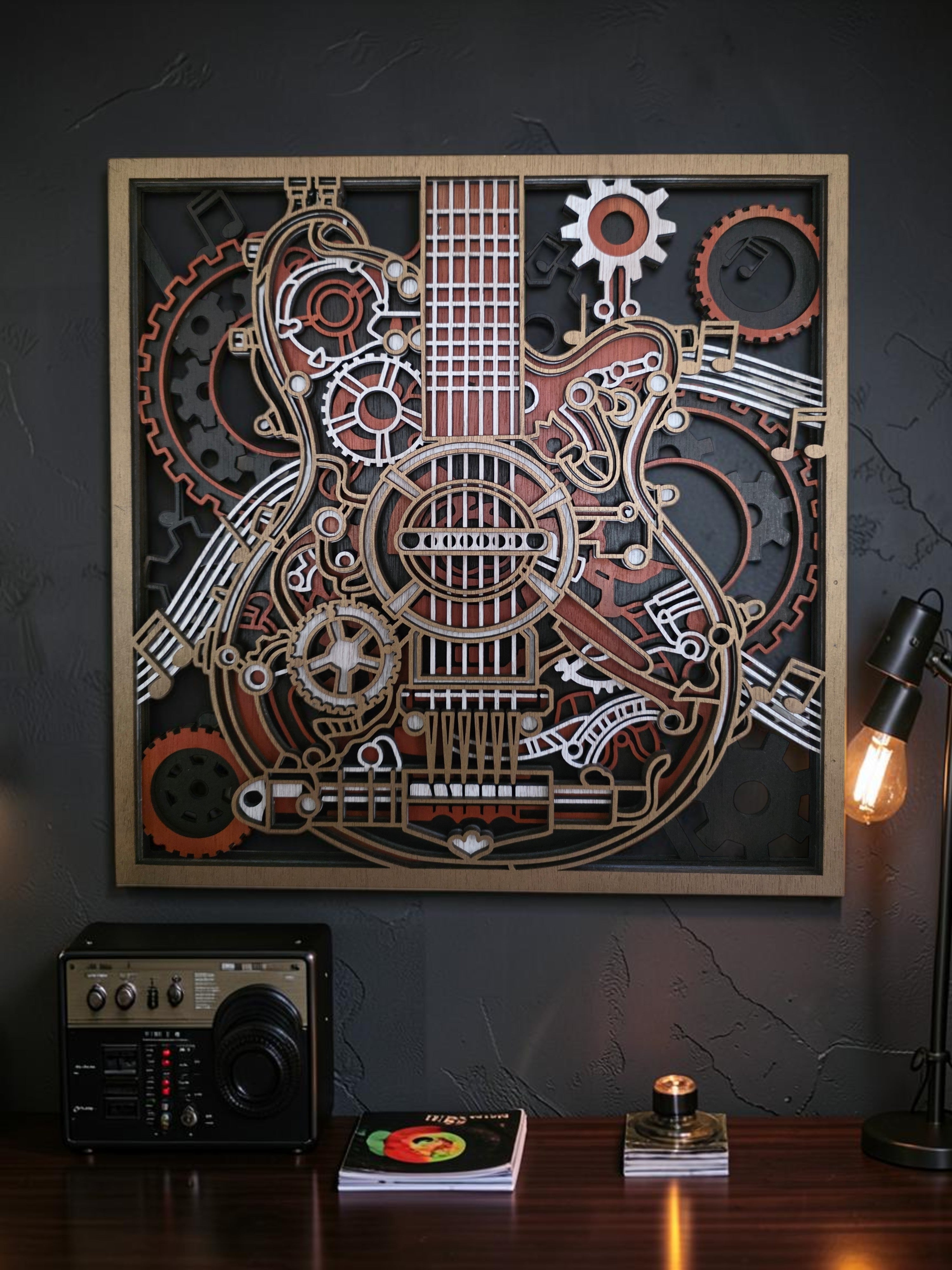 Steampunk Guitar Layered Wood Wall Art – Framed Gear Décor