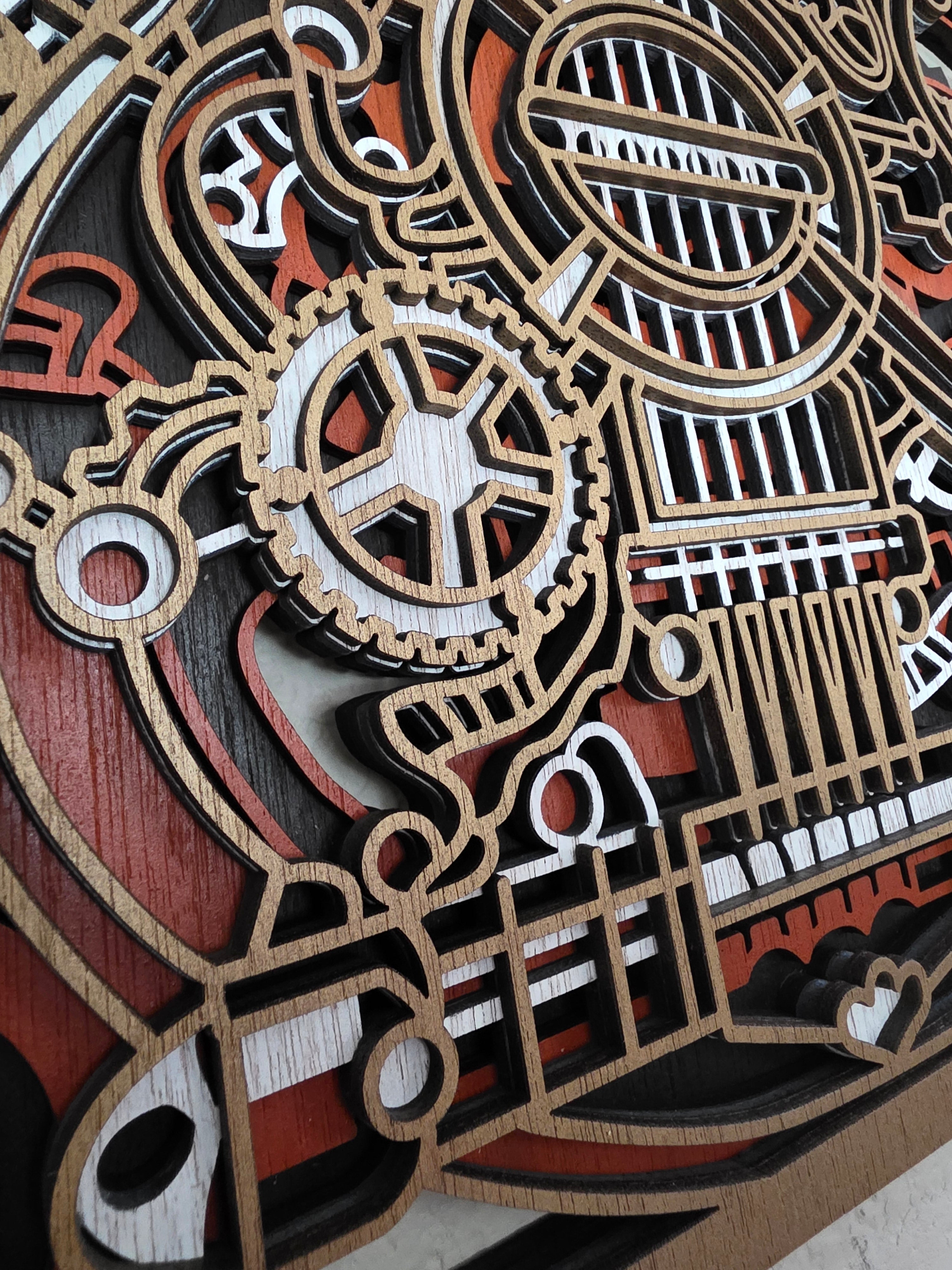 Steampunk Guitar Layered Wood Wall Art – Framed Gear Décor