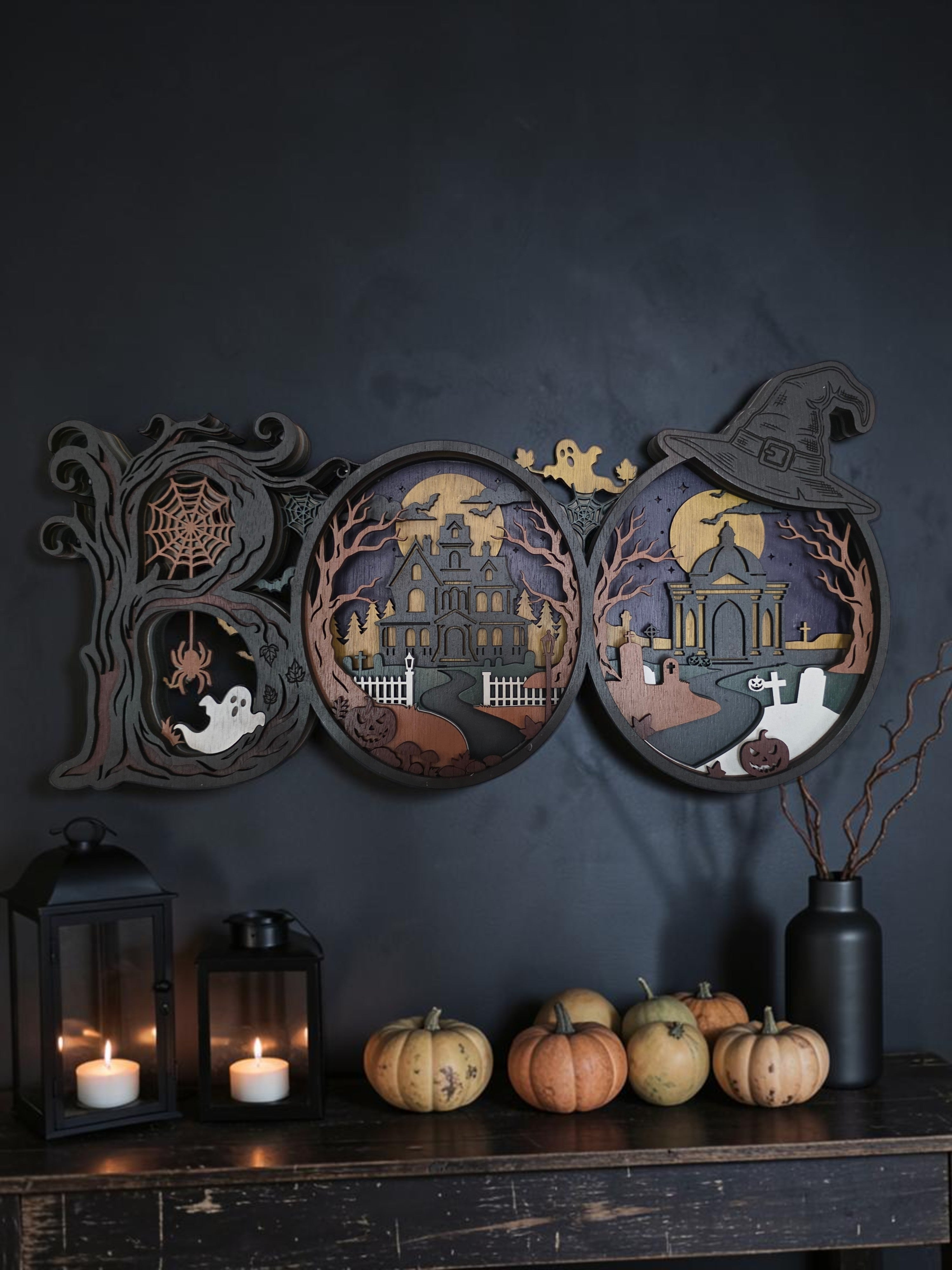 BOO Layered Wood Wall Art – Haunted House Halloween Décor