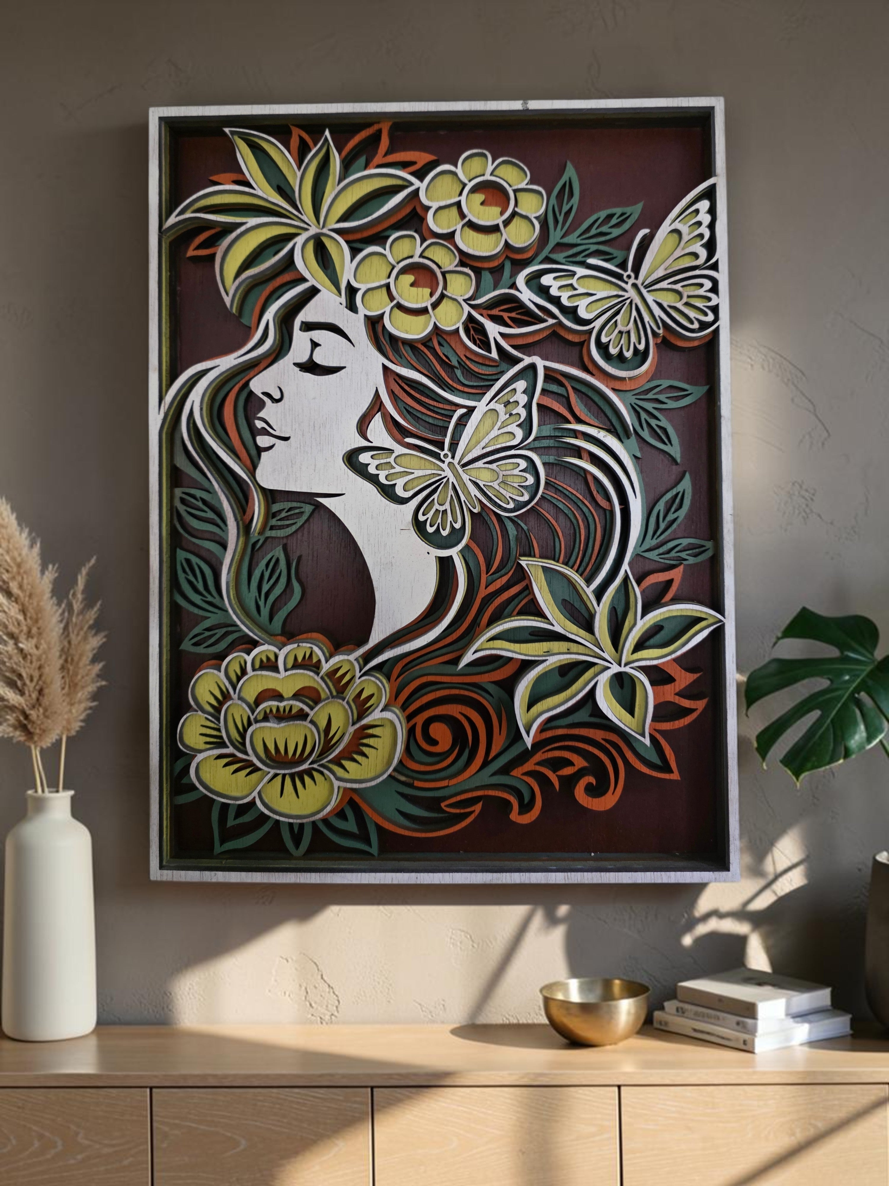 Floral Woman Layered Wood Wall Art – Framed Butterfly Décor