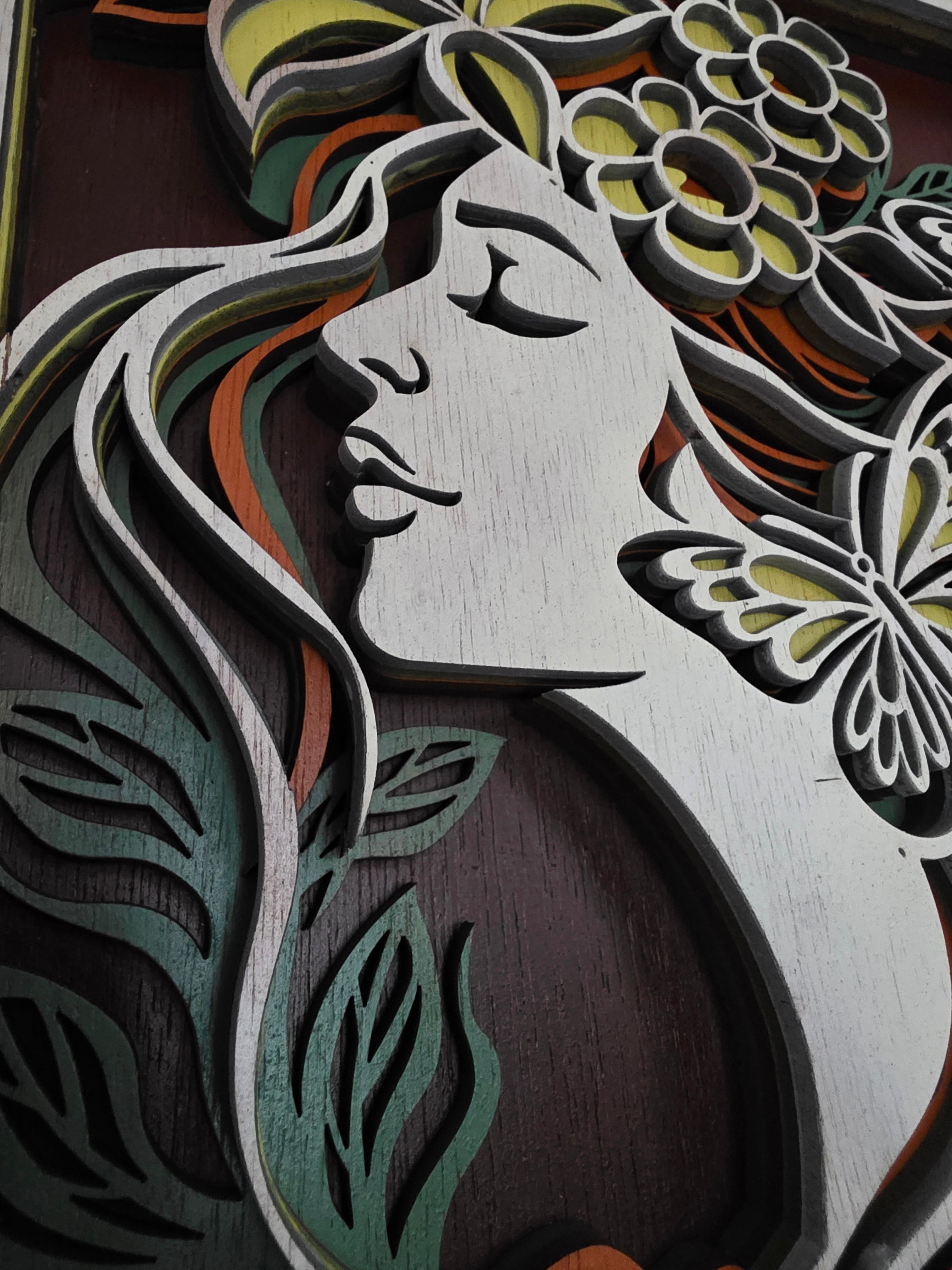Floral Woman Layered Wood Wall Art – Framed Butterfly Décor