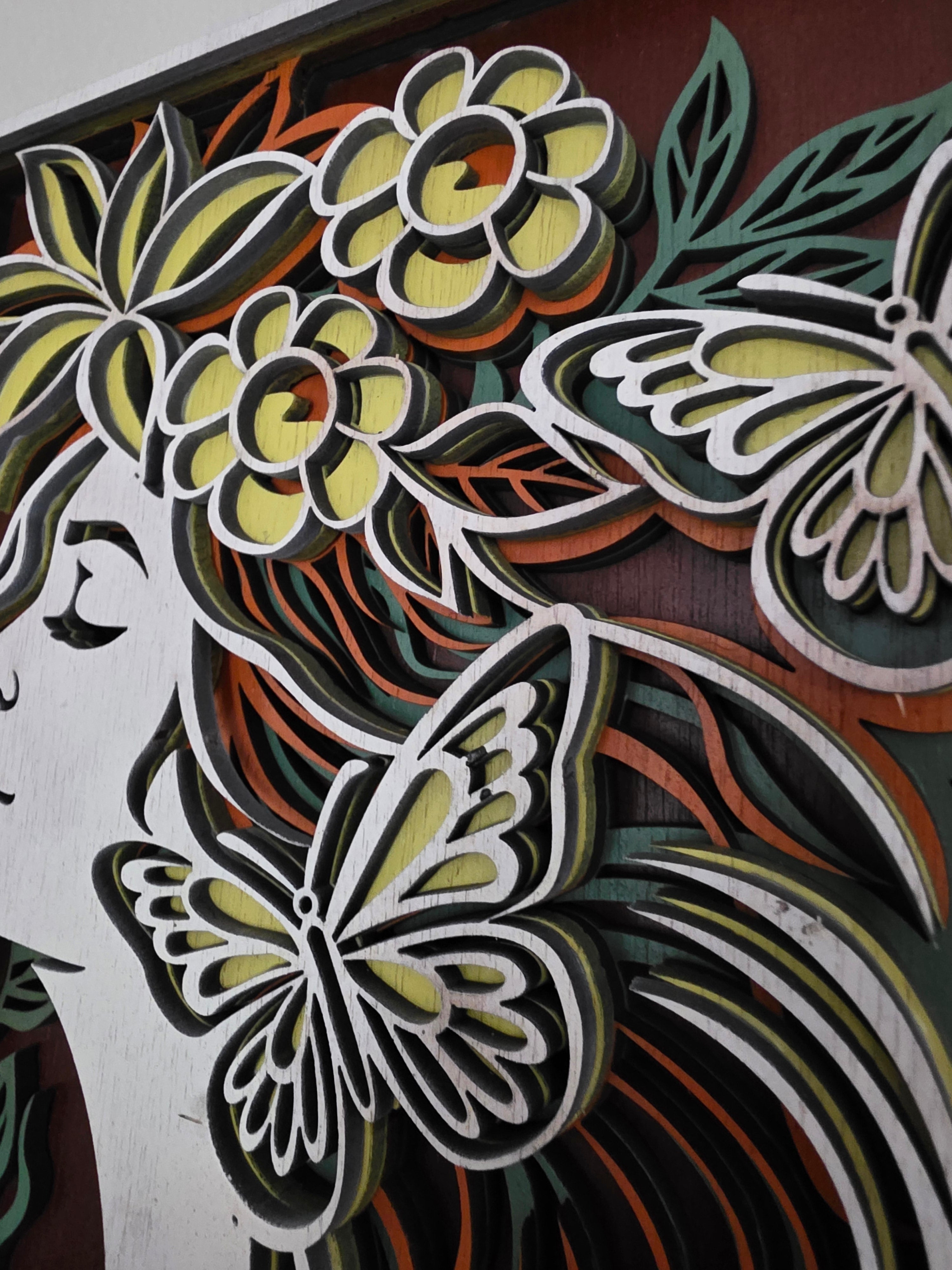 Floral Woman Layered Wood Wall Art – Framed Butterfly Décor