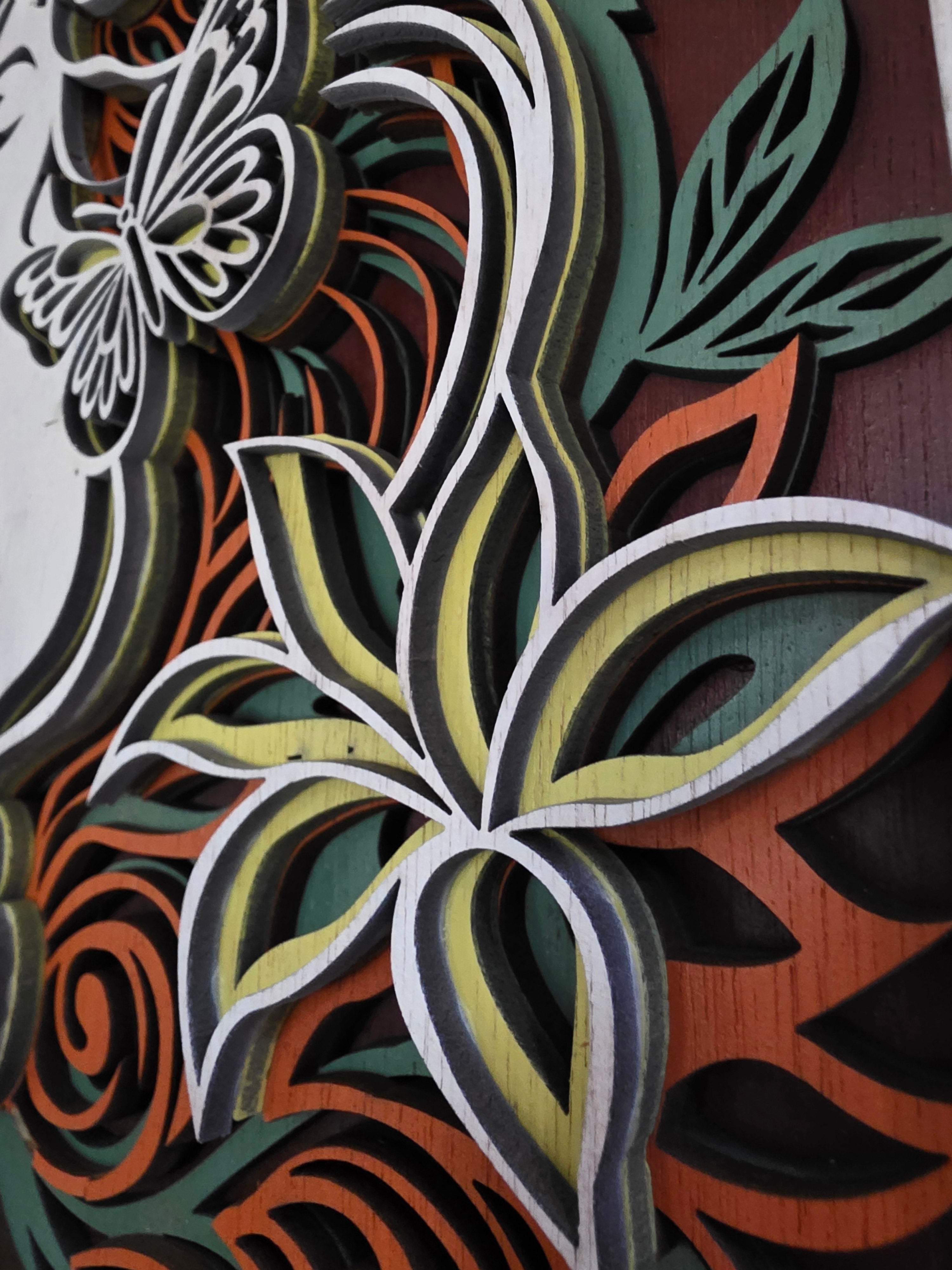 Floral Woman Layered Wood Wall Art – Framed Butterfly Décor