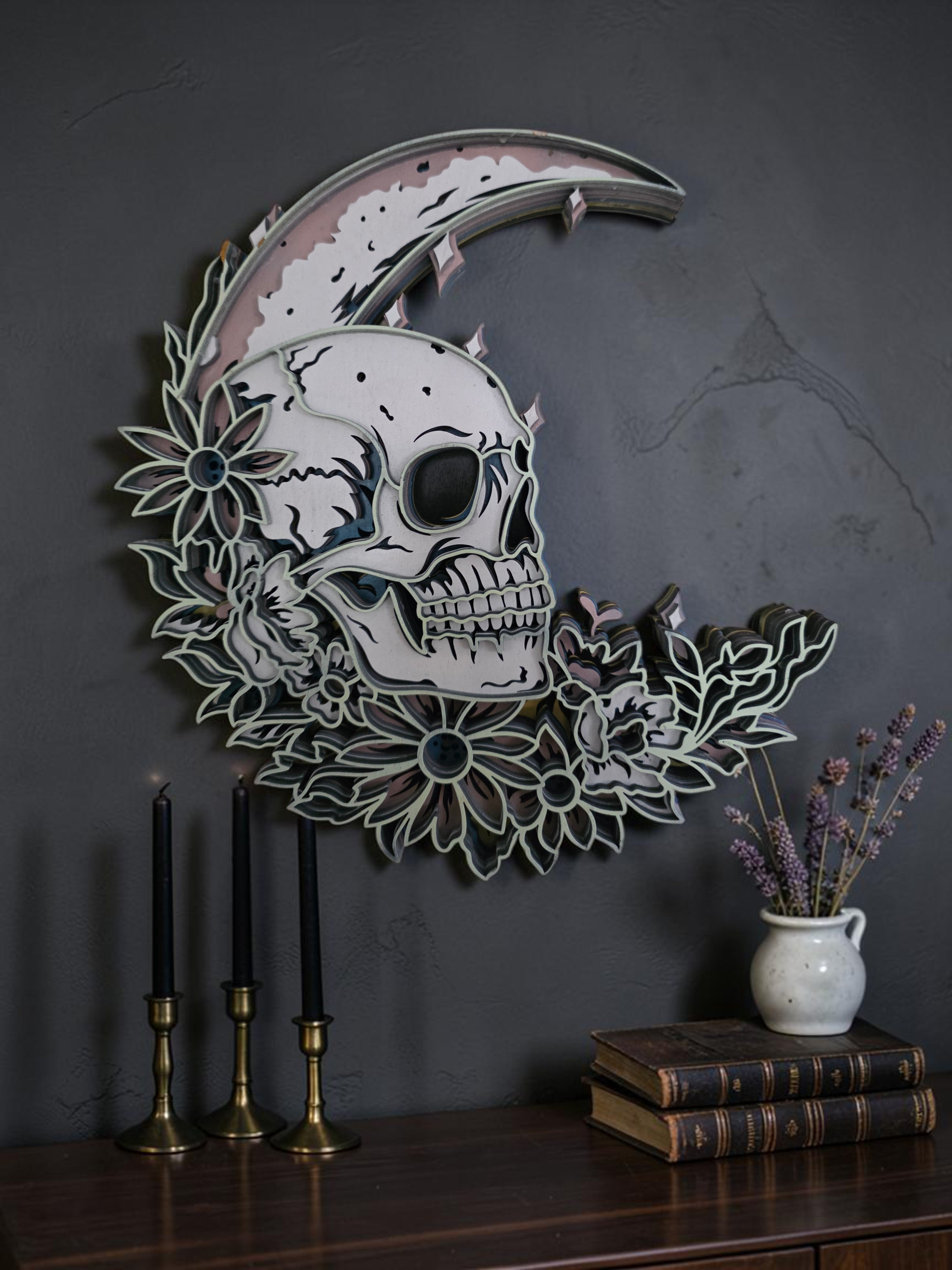 Crescent Moon Skull Layered Wood Wall Art – Gothic Floral Décor