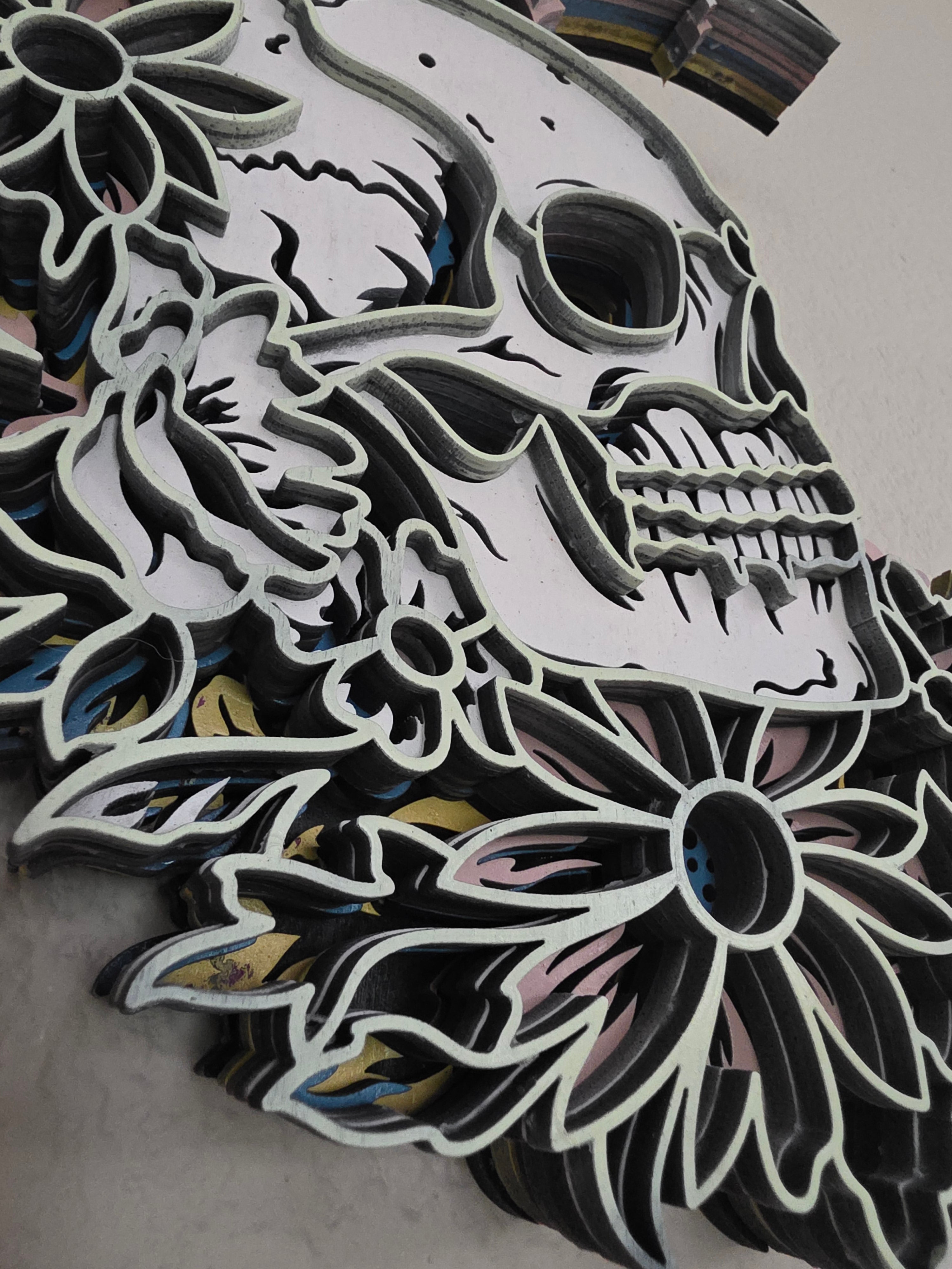 Crescent Moon Skull Layered Wood Wall Art – Gothic Floral Décor