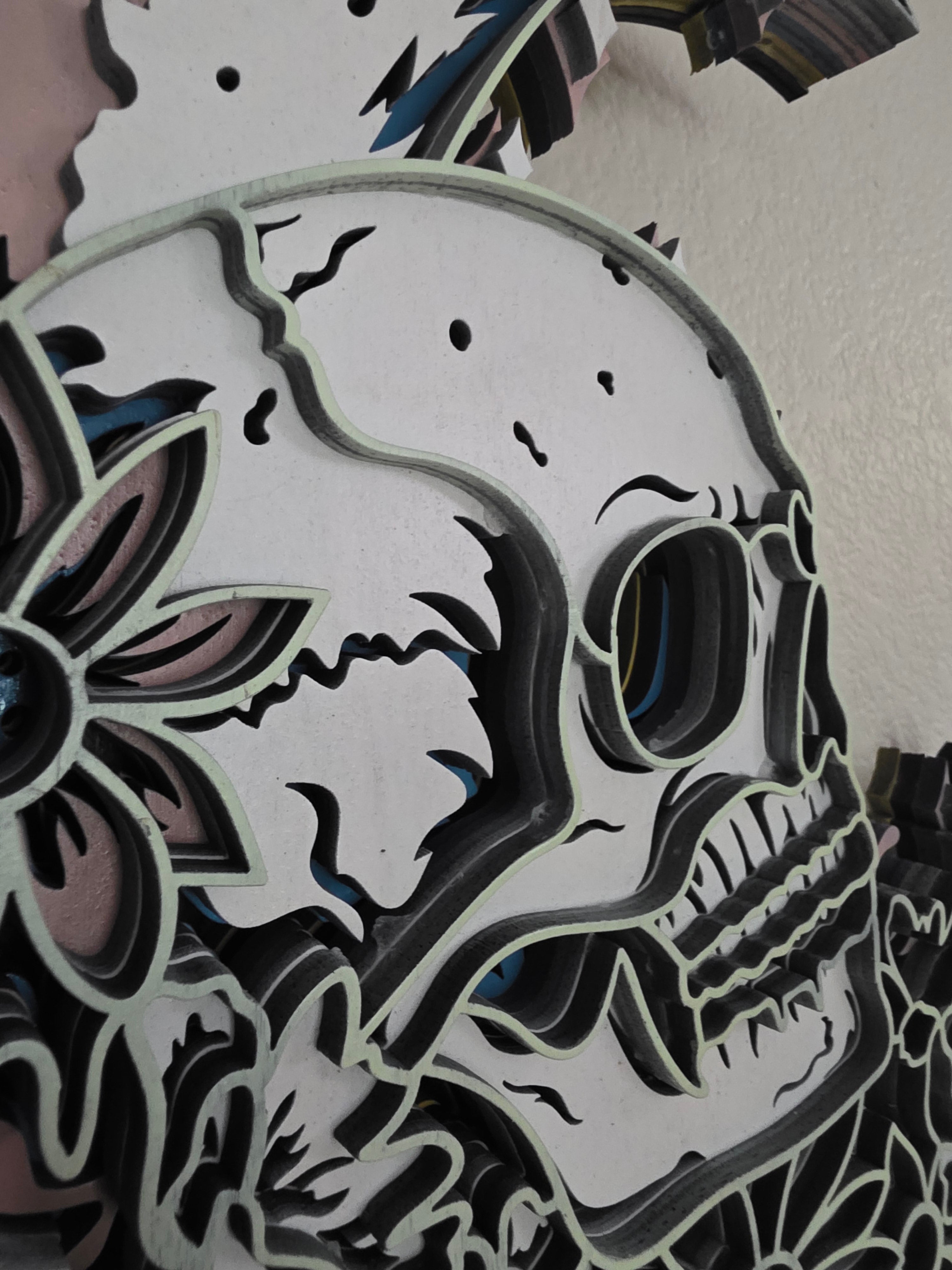 Crescent Moon Skull Layered Wood Wall Art – Gothic Floral Décor