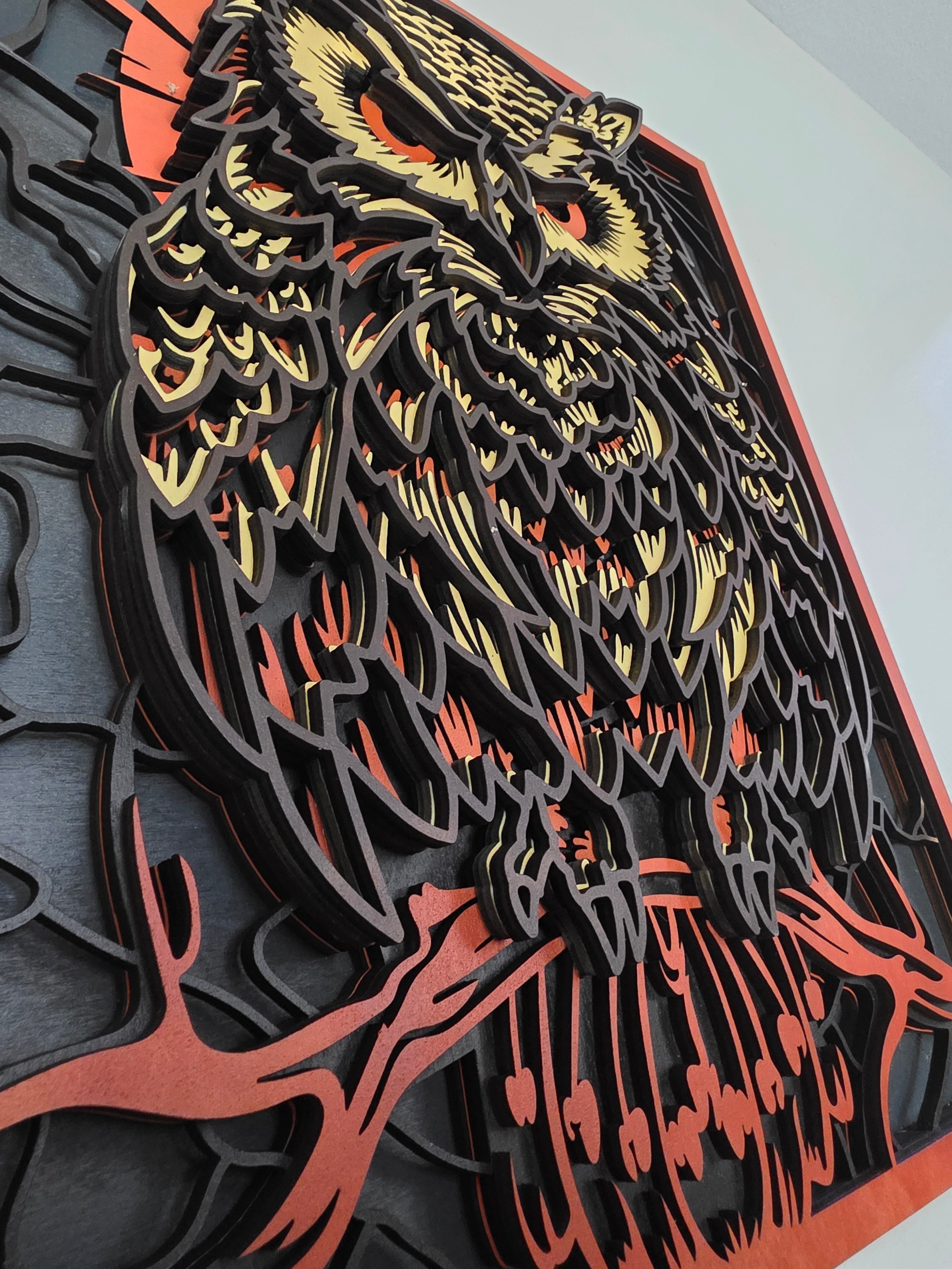 Great Horned Owl Layered Wood Wall Art – Framed Halloween Décor