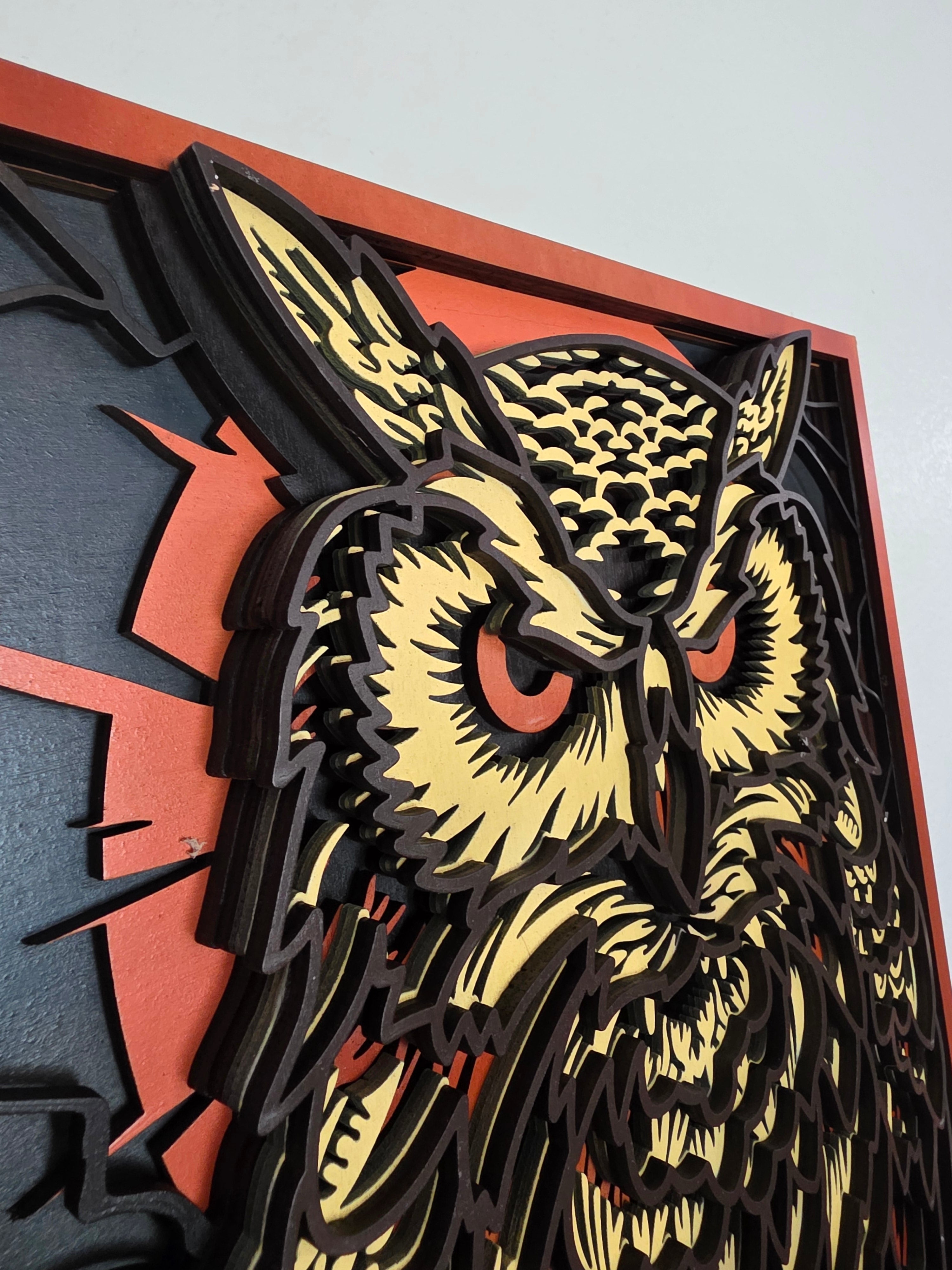 Great Horned Owl Layered Wood Wall Art – Framed Halloween Décor