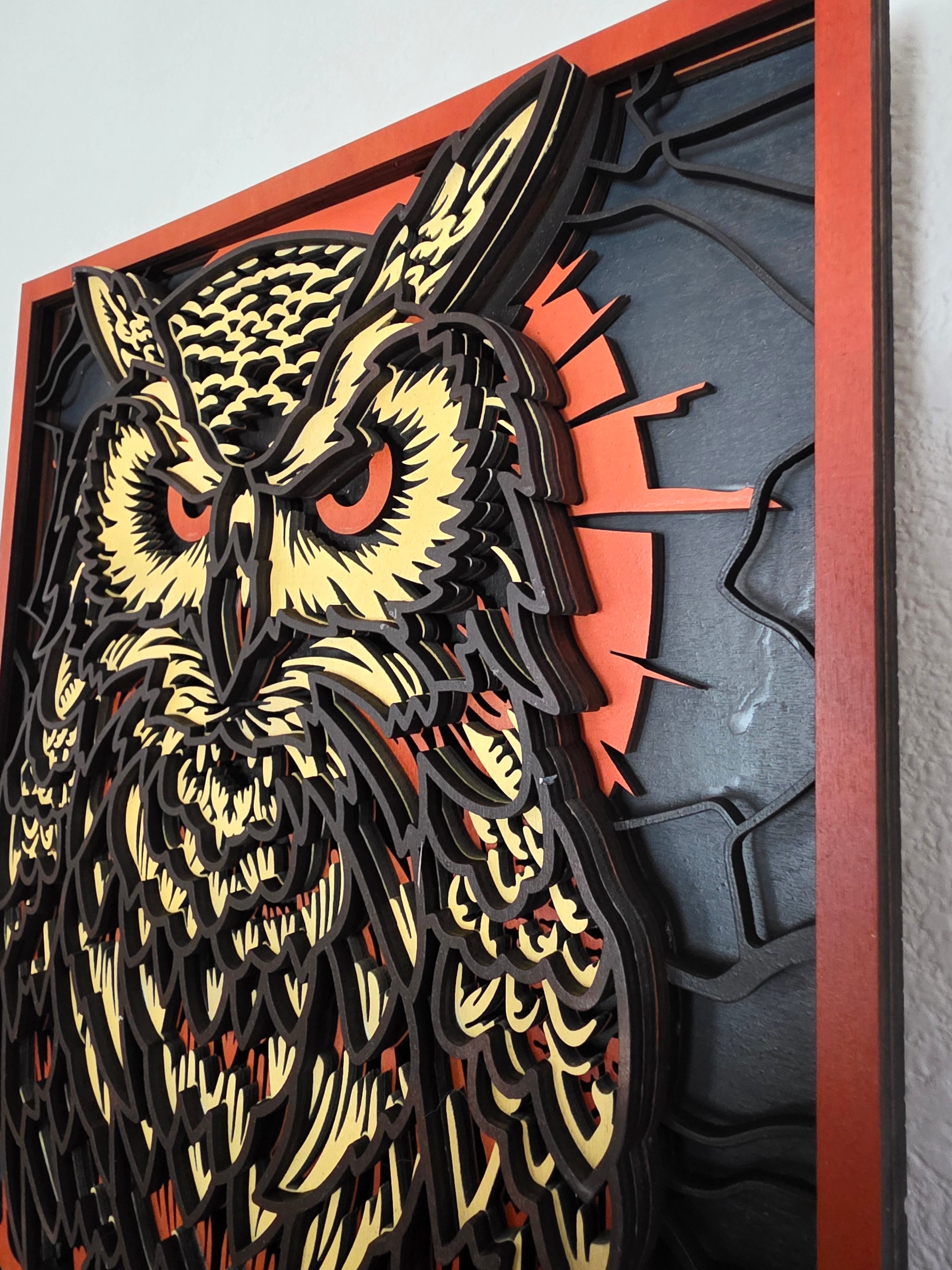 Great Horned Owl Layered Wood Wall Art – Framed Halloween Décor