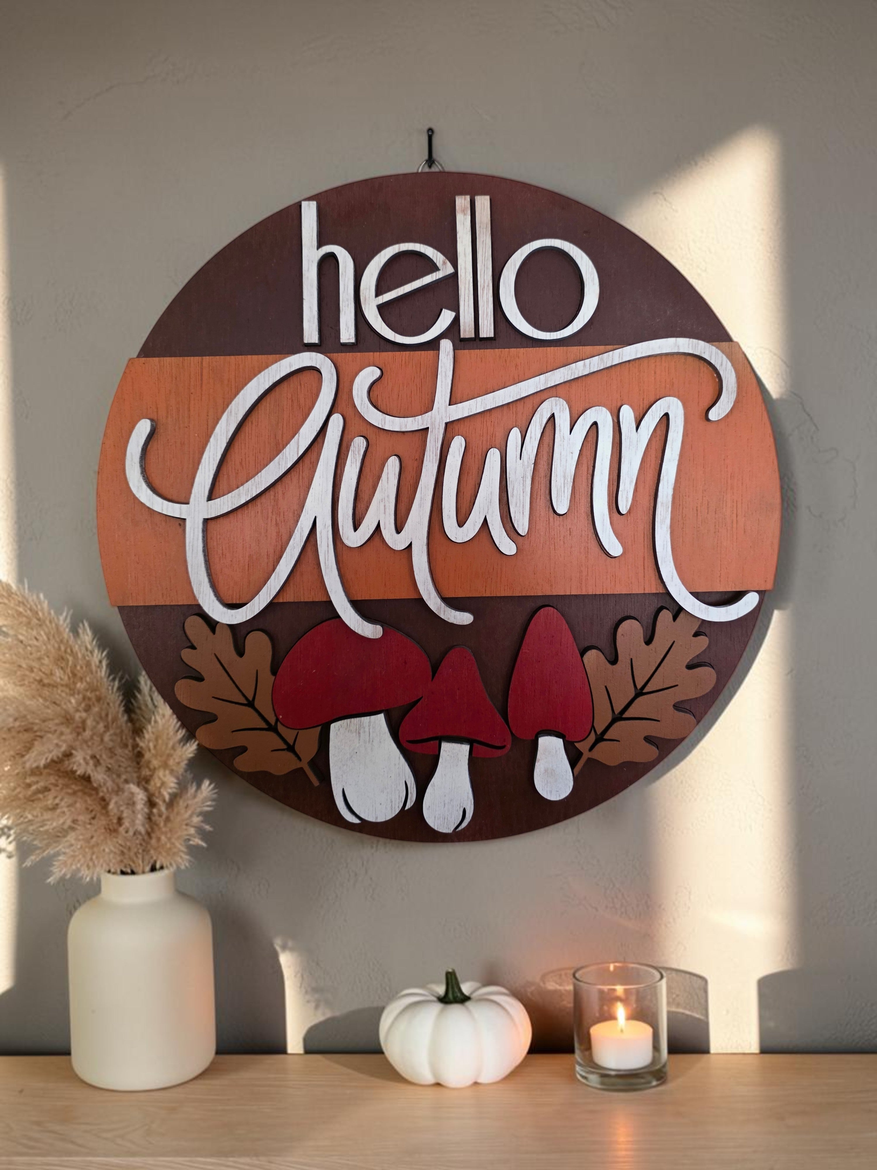 Hello Autumn Mushroom Wood Sign – Round Fall Décor