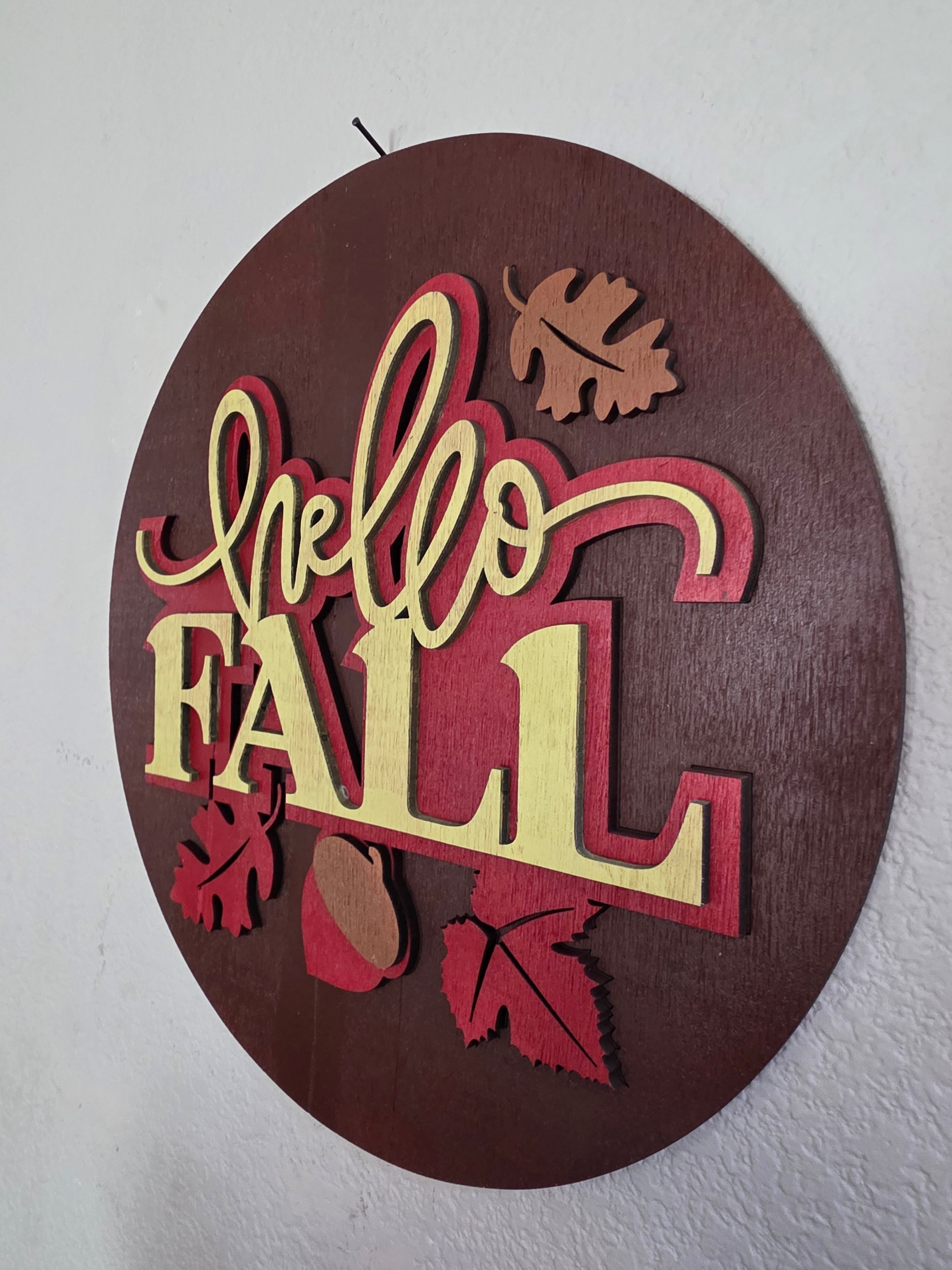 Hello Fall Bold Typography Round Wood Sign – Acorn Décor