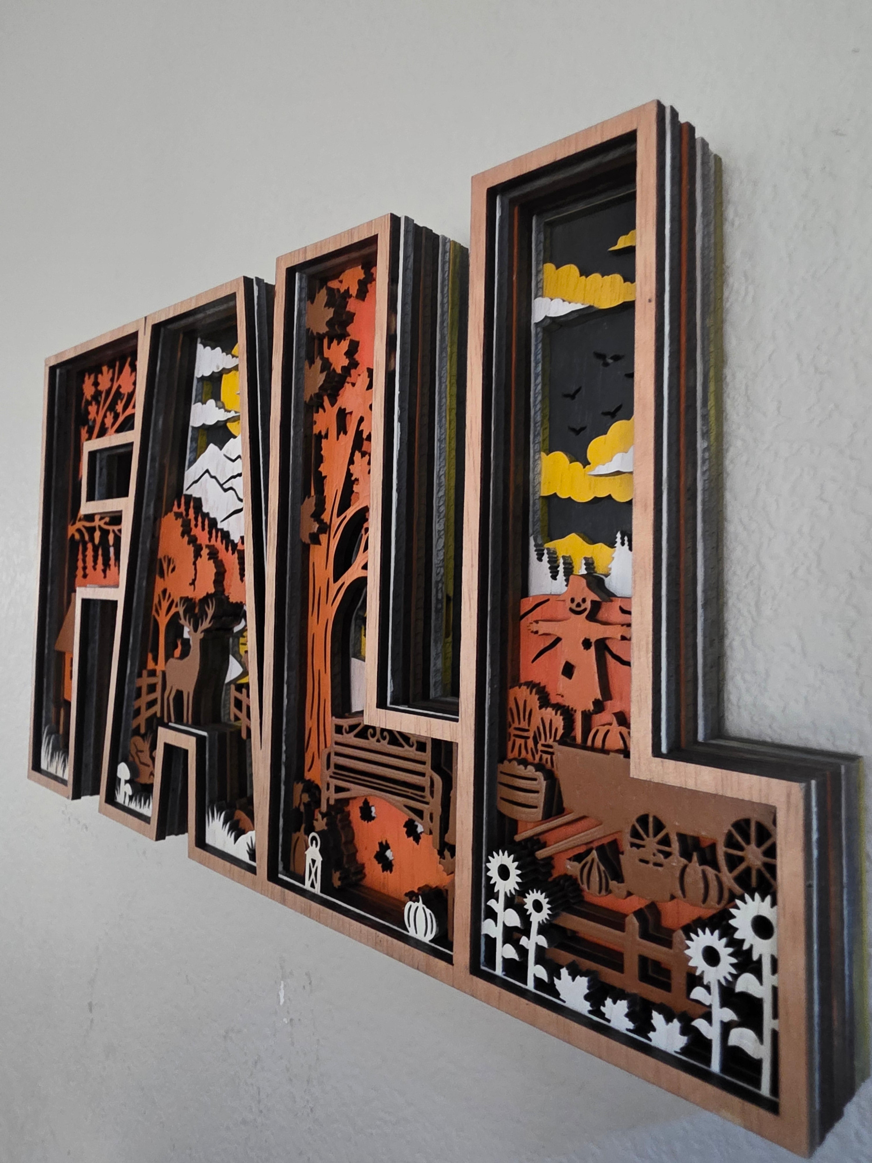 FALL Letters Layered Wood Shadow Box Wall Art – Autumn Scene Décor
