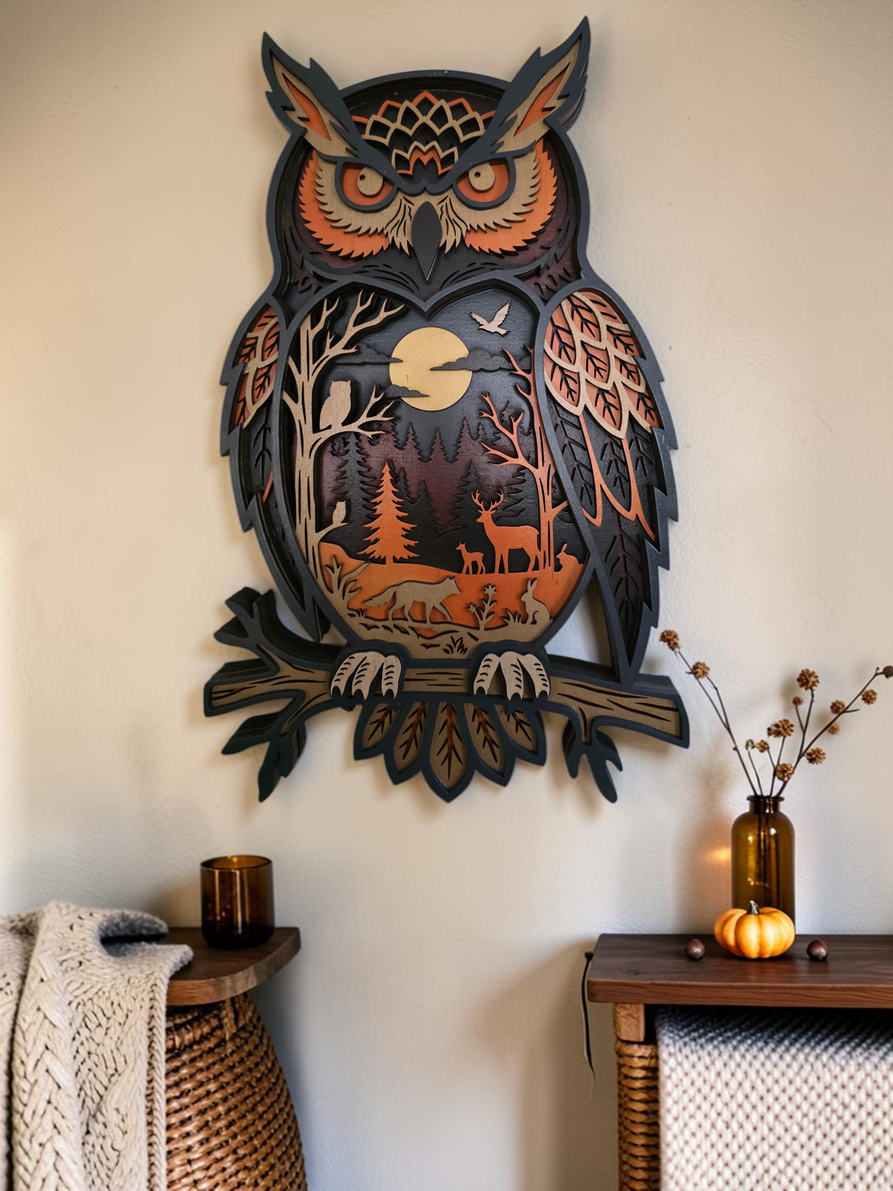 Great Horned Owl Forest Diorama Layered Wood Wall Art – Woodland Décor