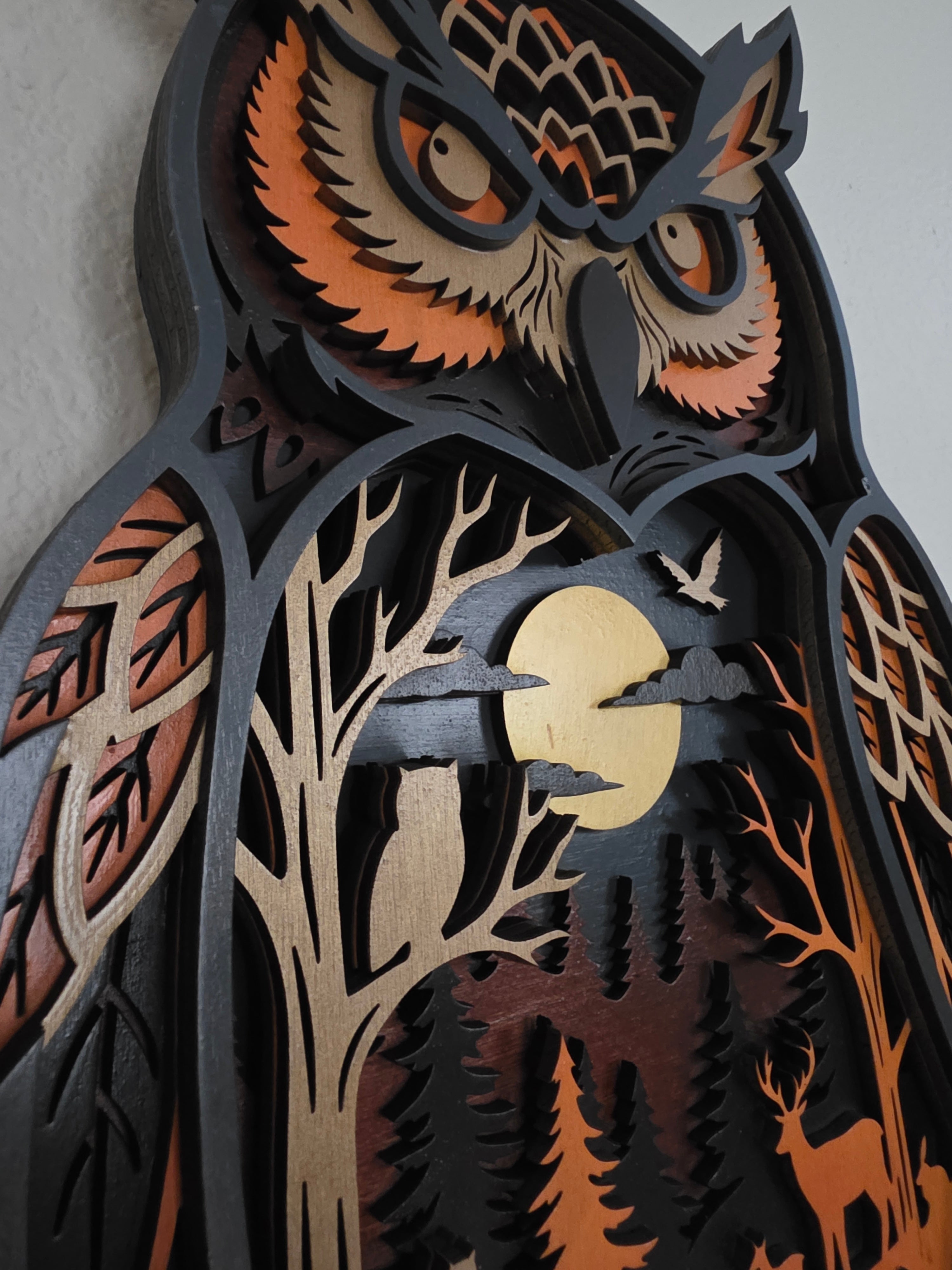 Great Horned Owl Forest Diorama Layered Wood Wall Art – Woodland Décor