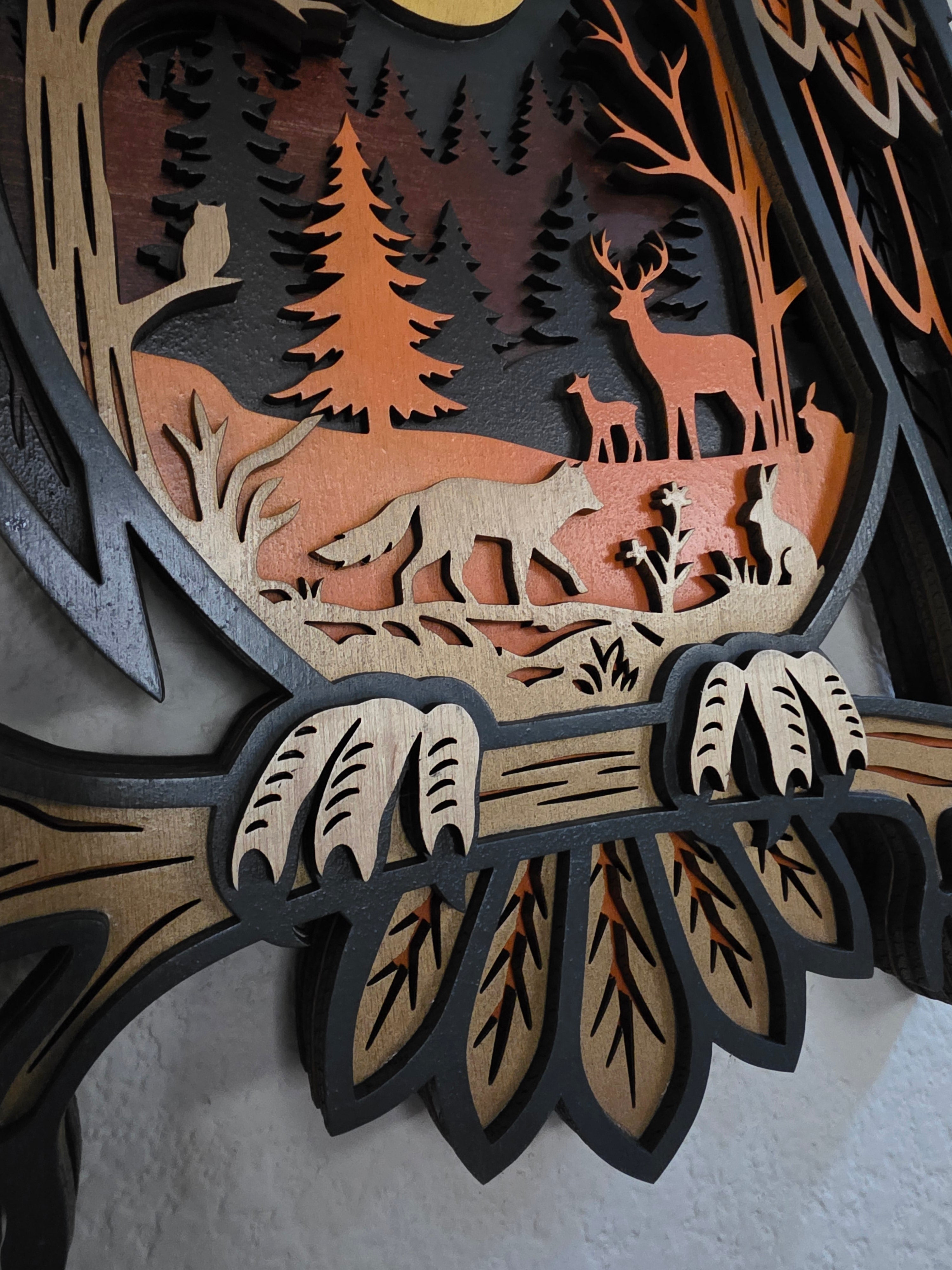 Great Horned Owl Forest Diorama Layered Wood Wall Art – Woodland Décor