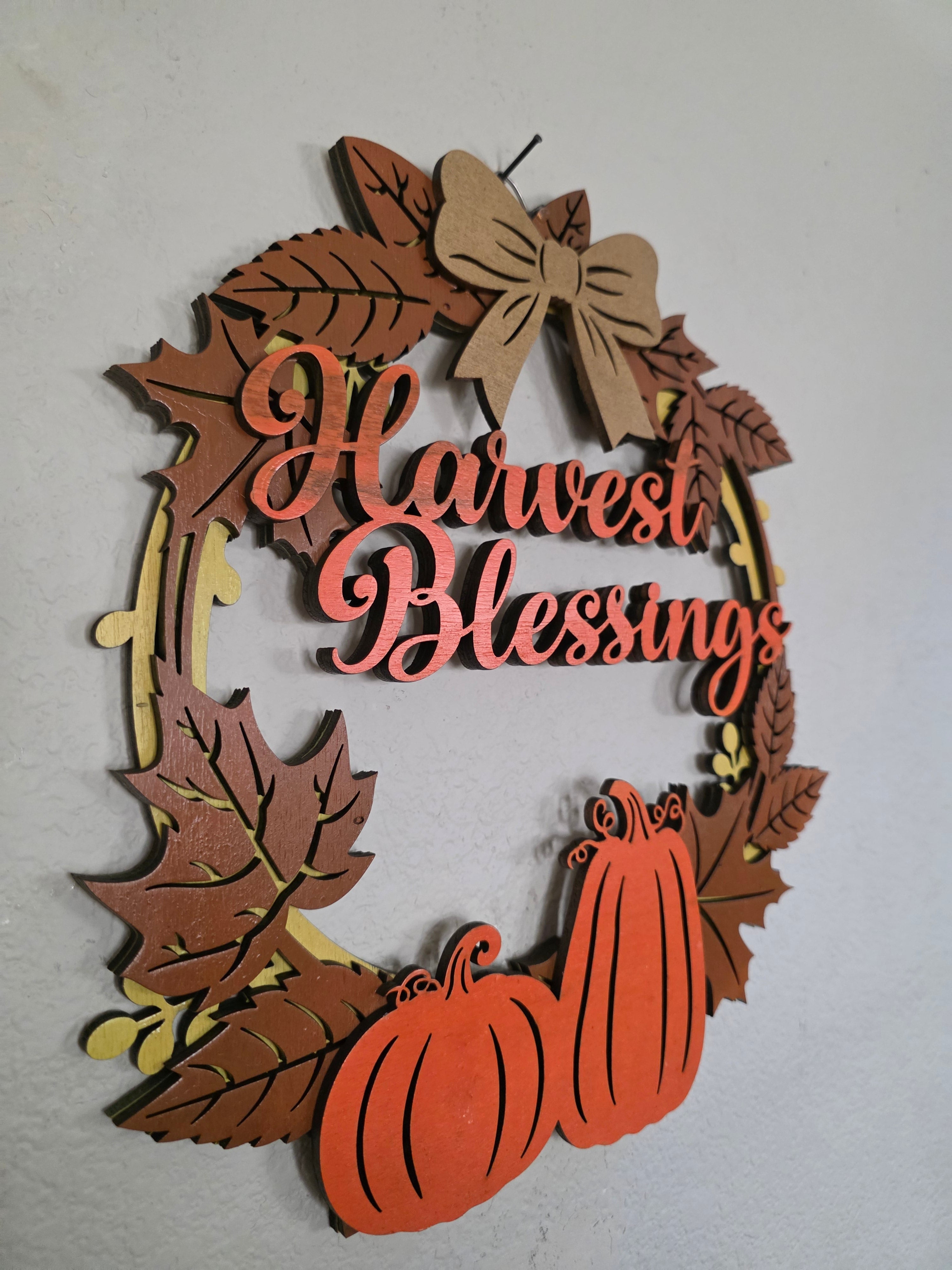Harvest Blessings Pumpkin Wreath Layered Wood Wall Art – Fall Door Décor