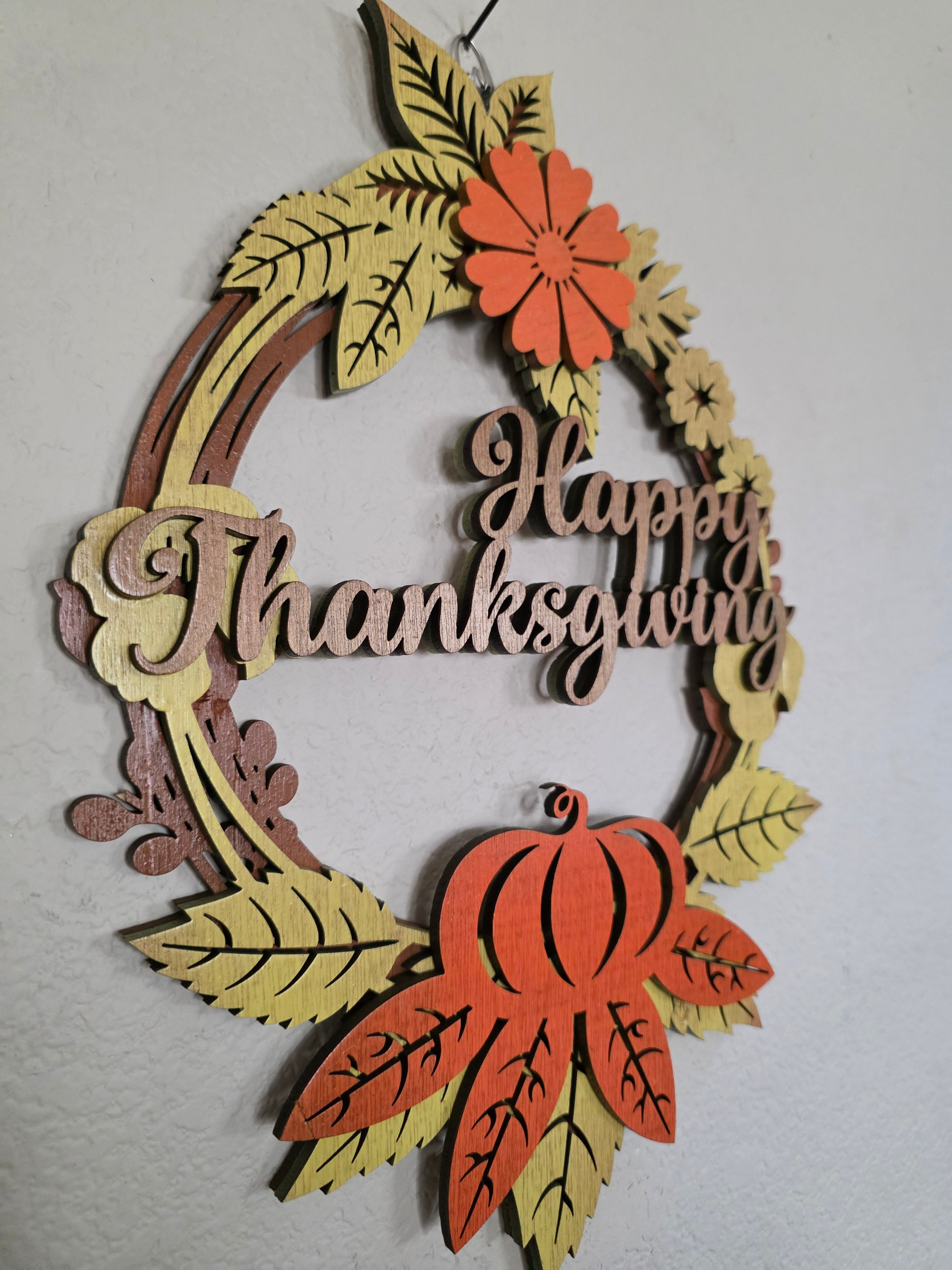 Happy Thanksgiving Floral Wreath Layered Wood Wall Art – Fall Door Décor