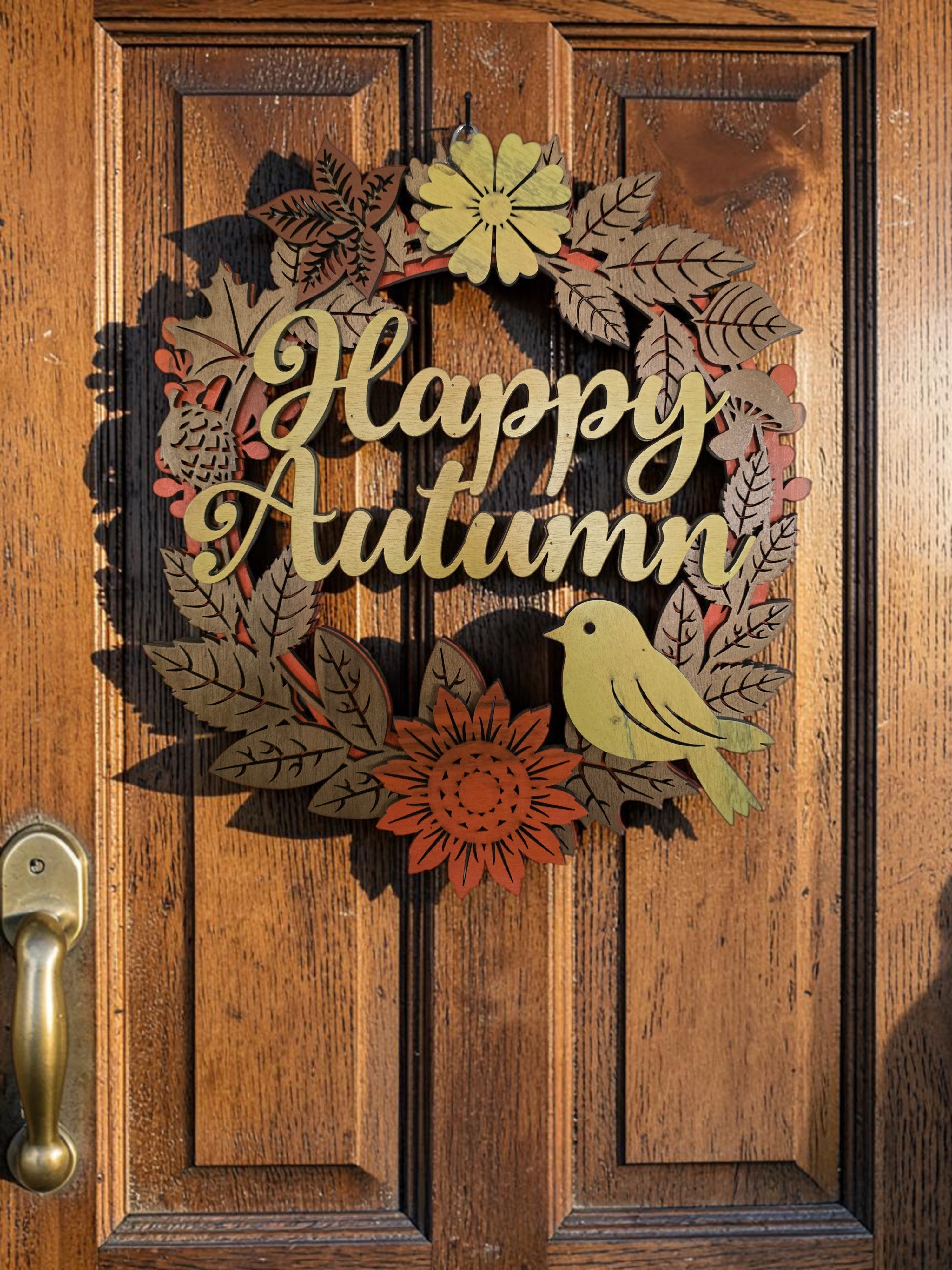 Happy Autumn Songbird Wreath Layered Wood Wall Art – Fall Door Décor