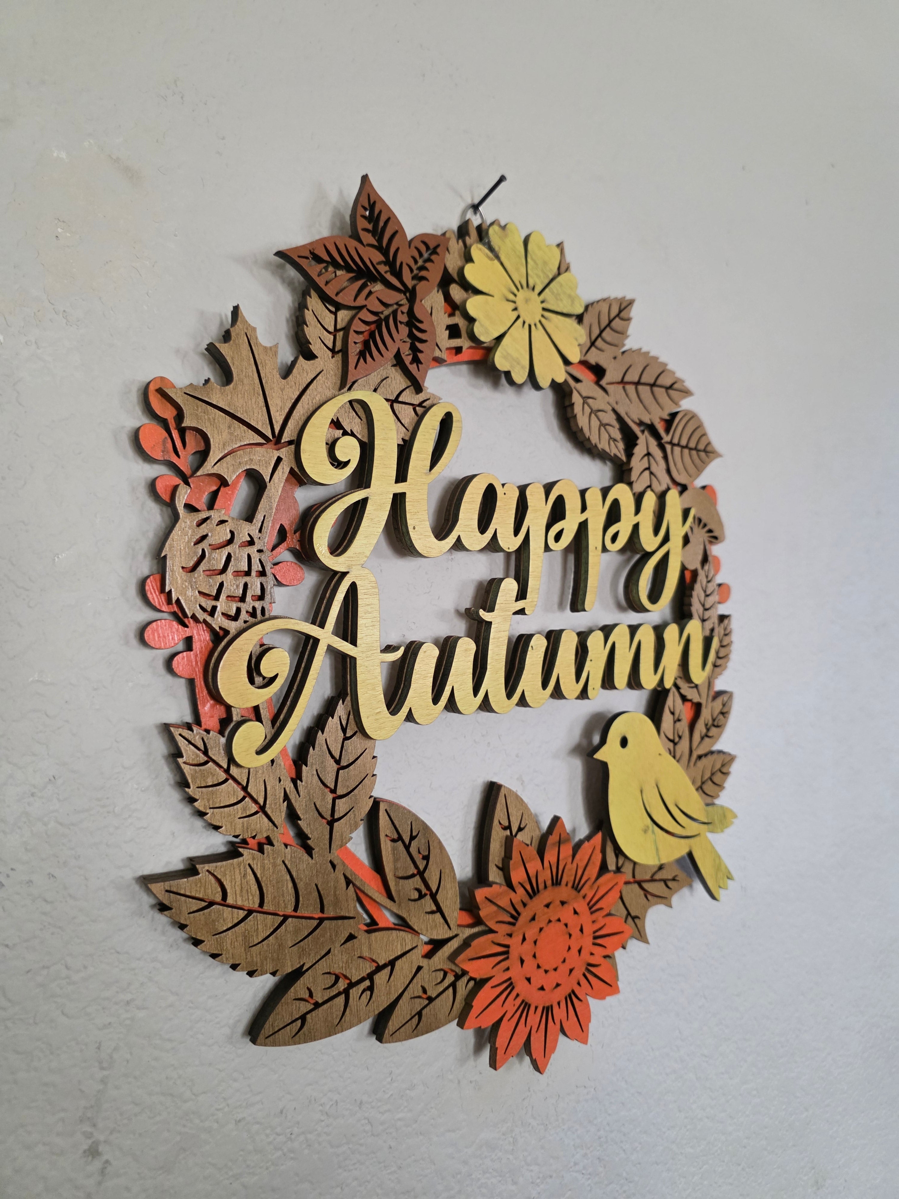 Happy Autumn Songbird Wreath Layered Wood Wall Art – Fall Door Décor