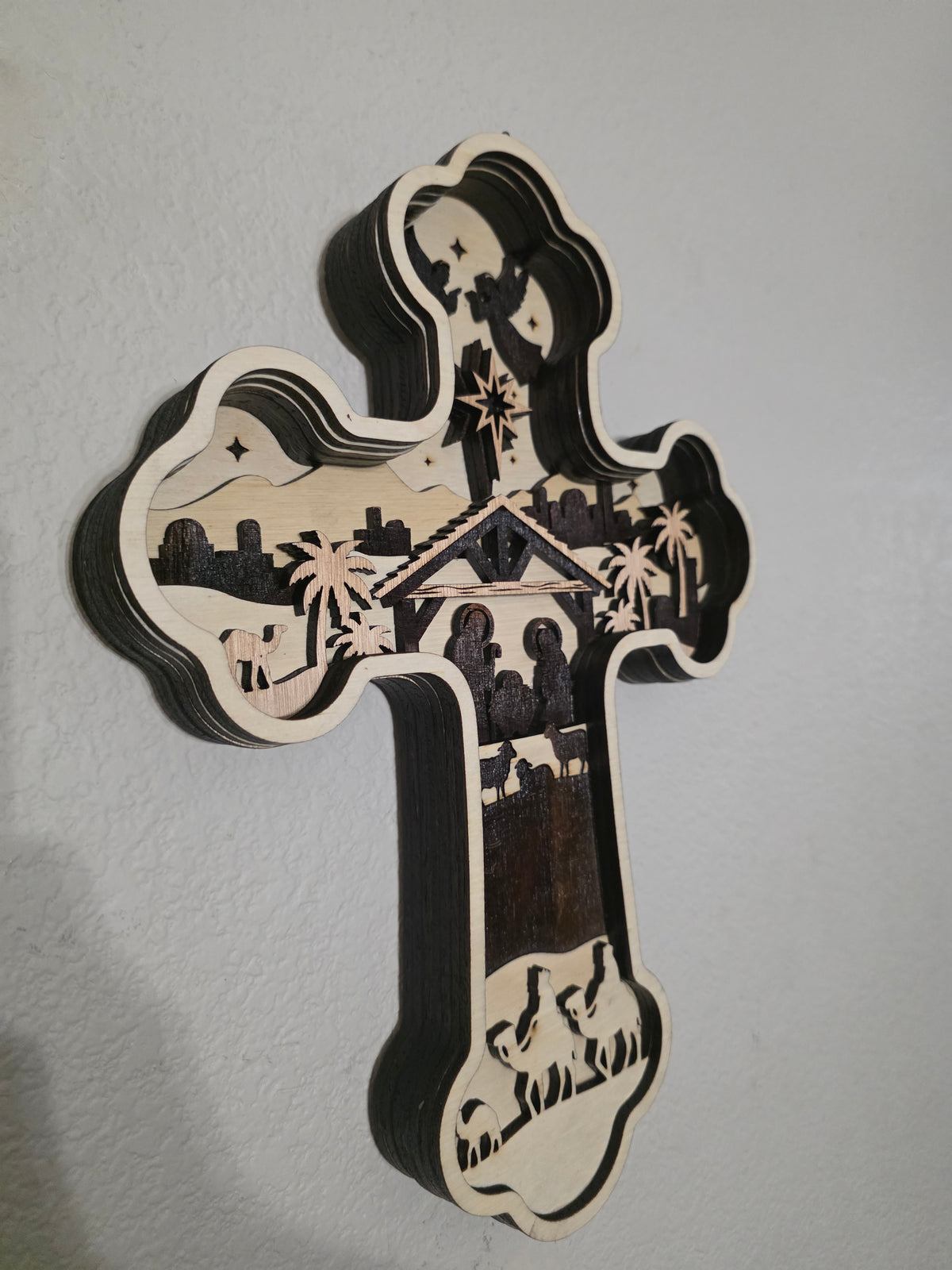 Nativity Cross Layered Wood Wall Art – 3D Christmas Decor