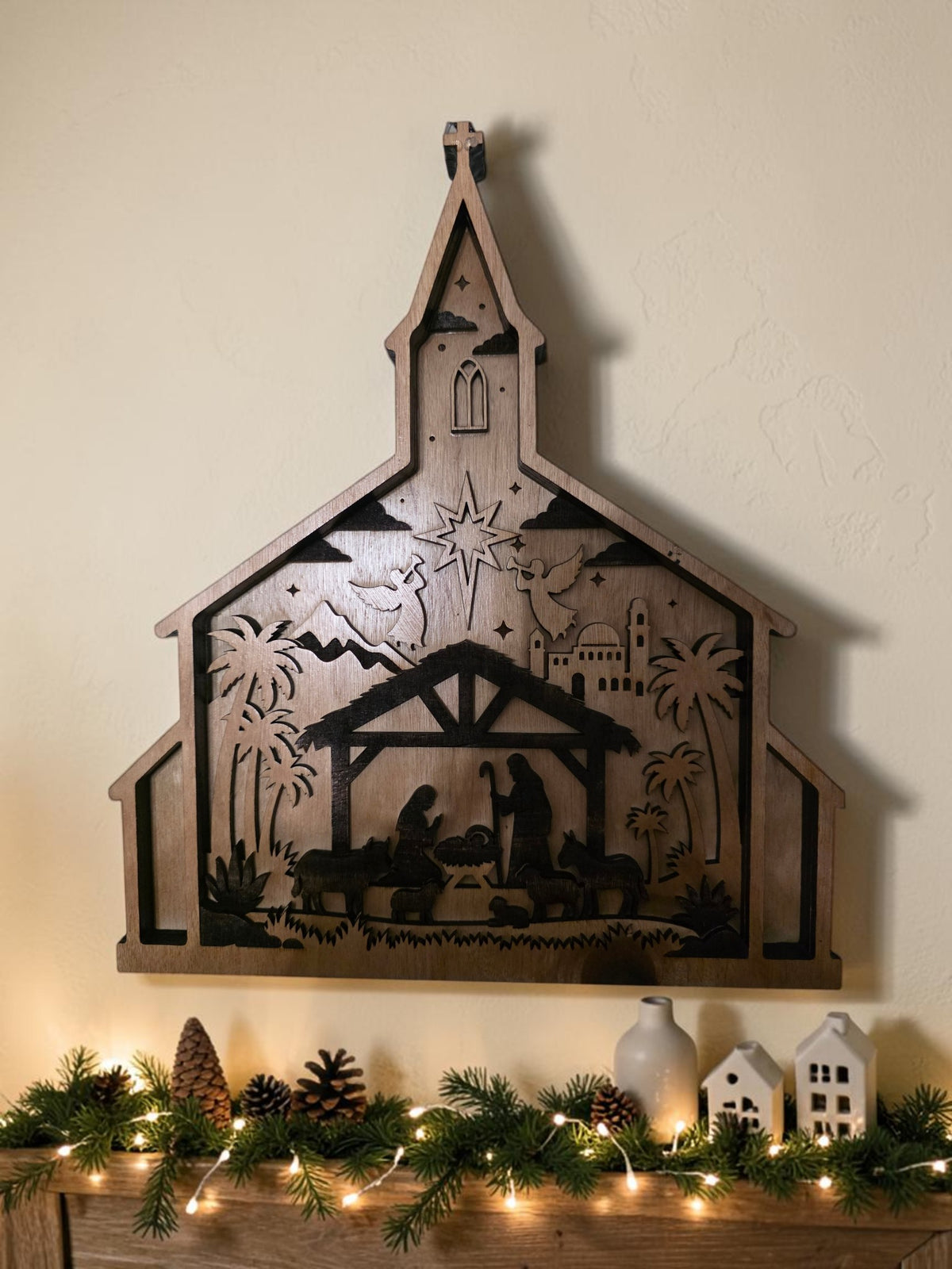Church-shaped nativity layered wood Christmas wall art