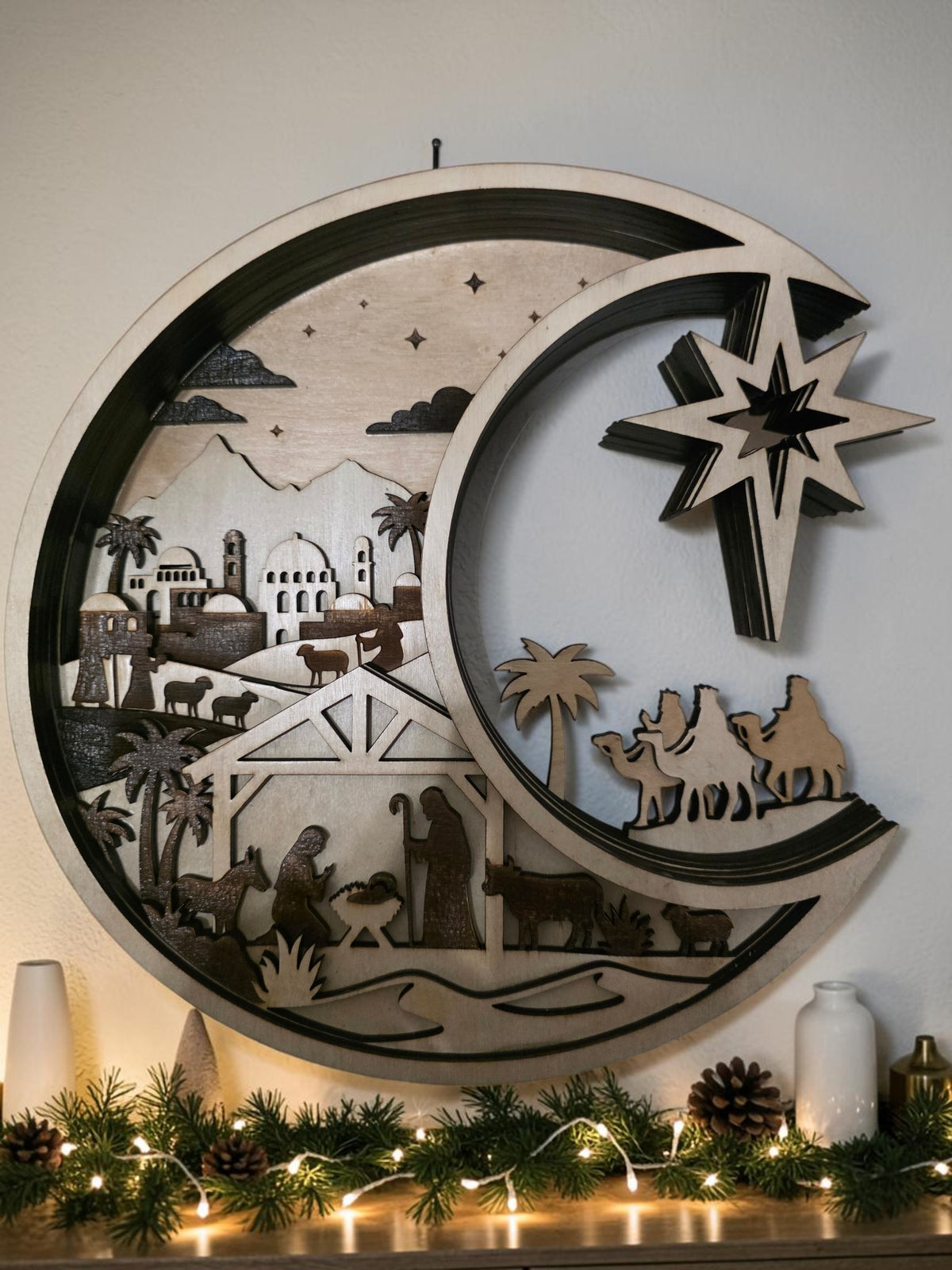 Crescent moon nativity layered wood Christmas wall art