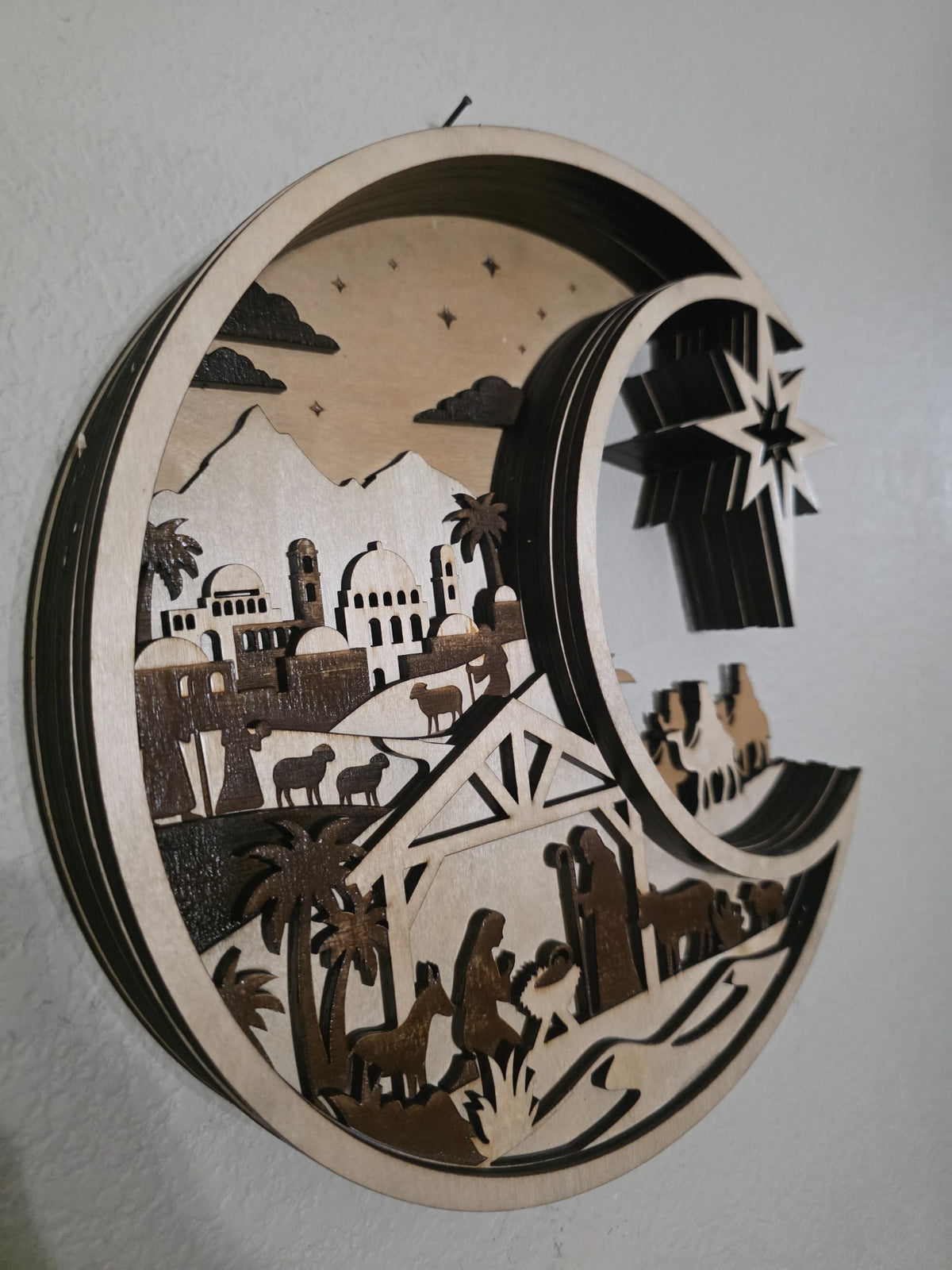 Left angle of crescent moon nativity layered wood wall art