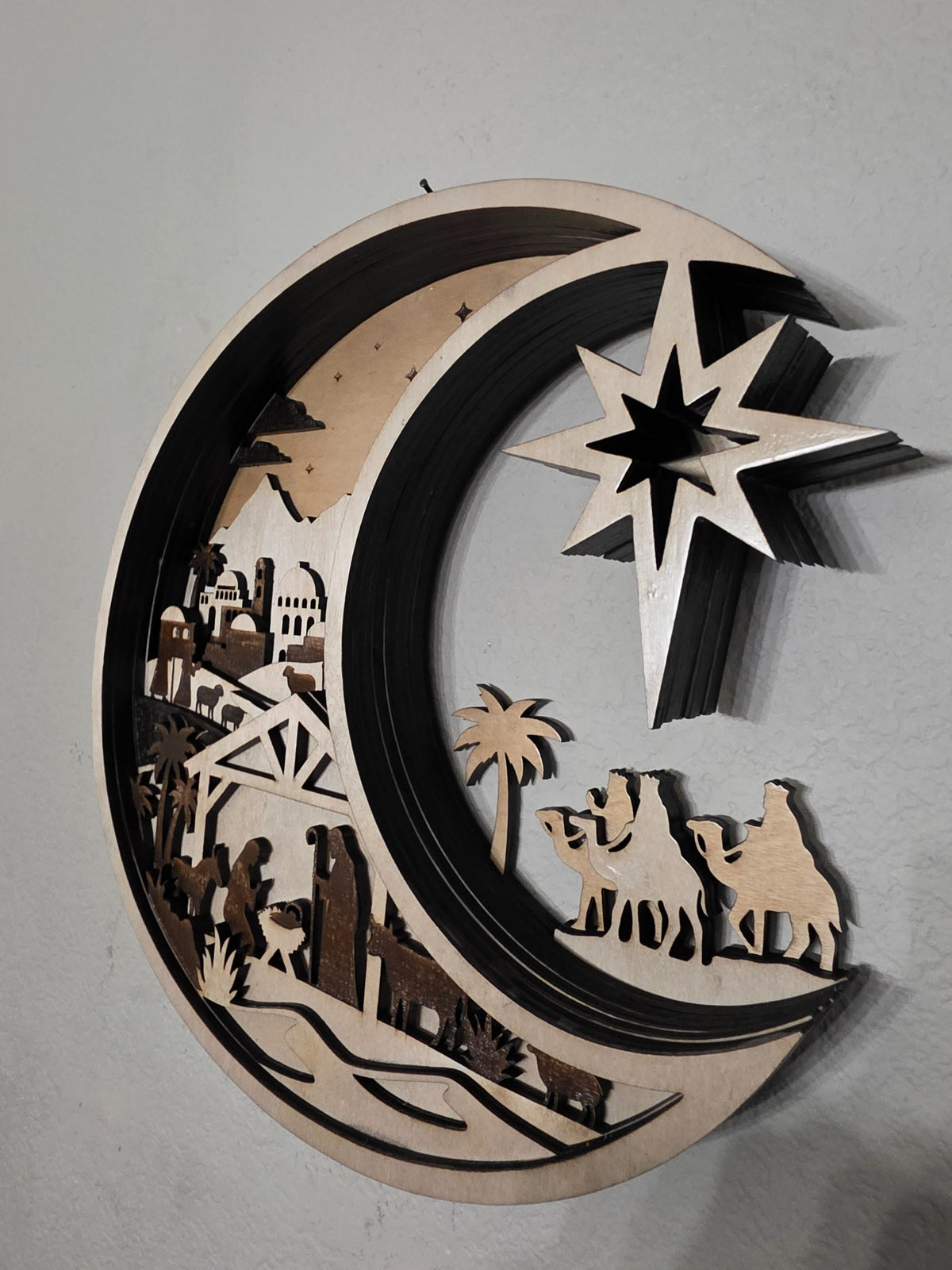 Right angle of crescent moon nativity layered wood wall art