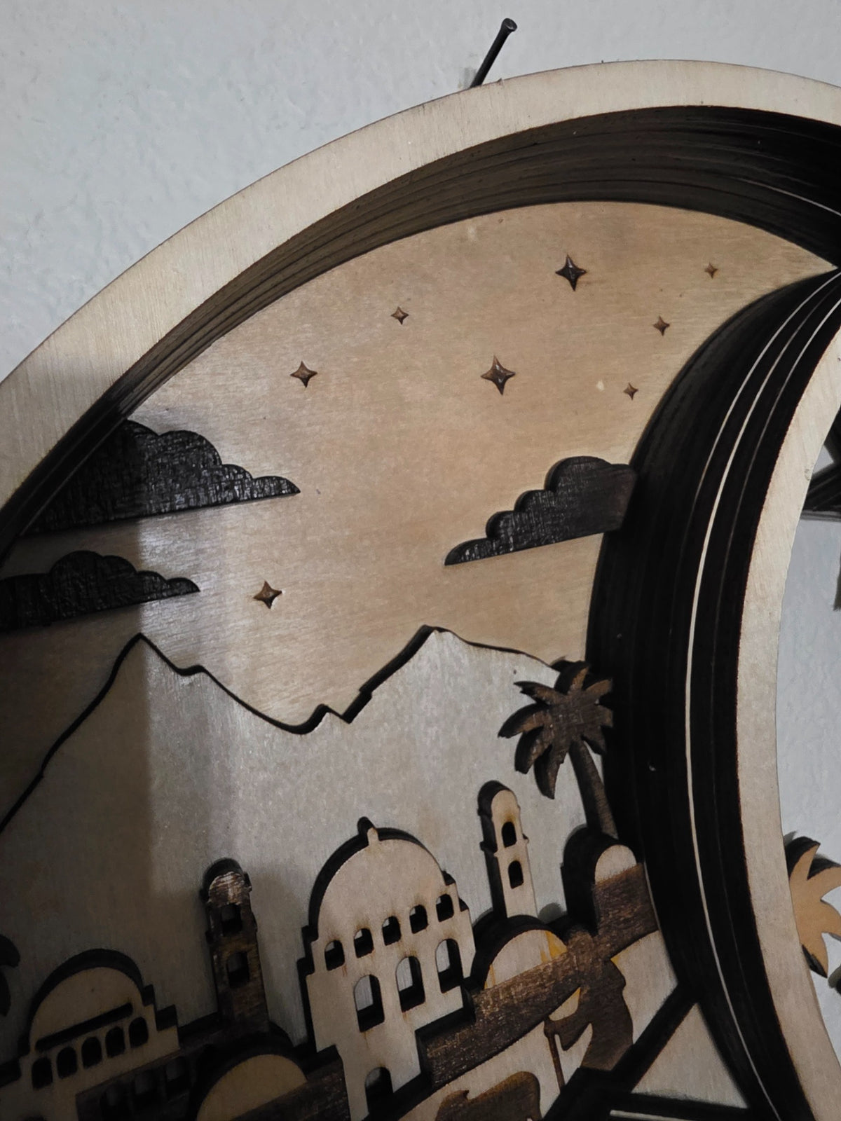 Night sky and Bethlehem detail on crescent moon nativity layered wood wall art