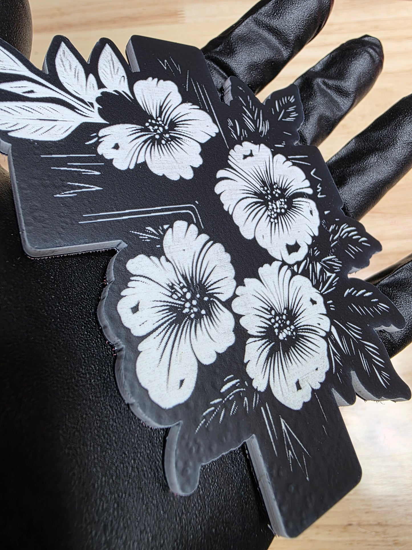 ✝️ 4" Cross w/ Flowers Emblem v2 – Black & White | 3M VHB Backed