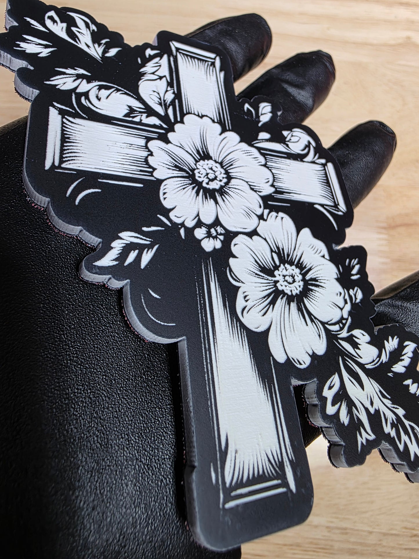 ✝️ 4" Cross w/ Flowers Emblem – Black & White | 3M VHB Backed