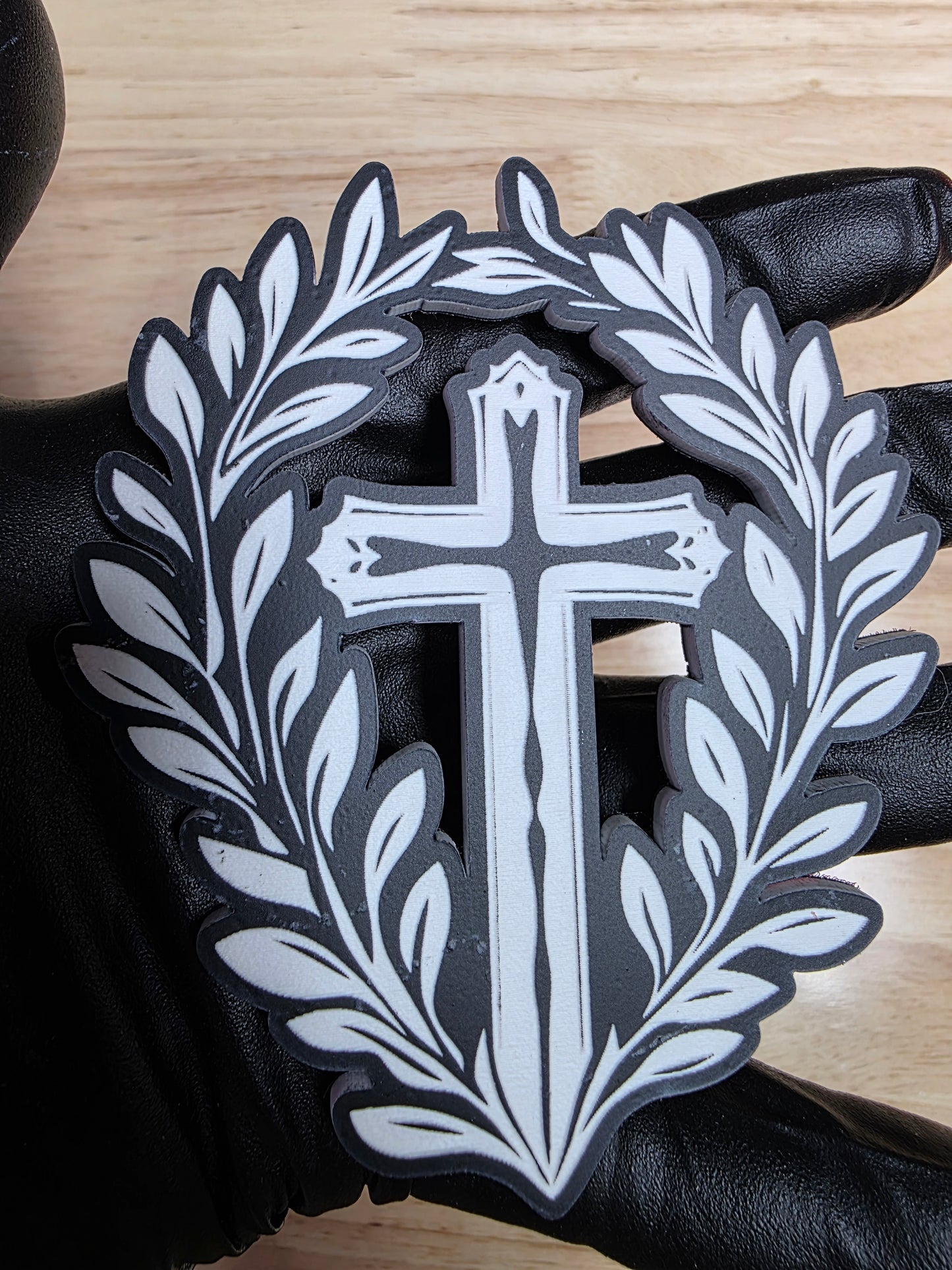 ✝️ 4" Cross w/ Wreath Emblem – Black & White | 3M VHB Backed