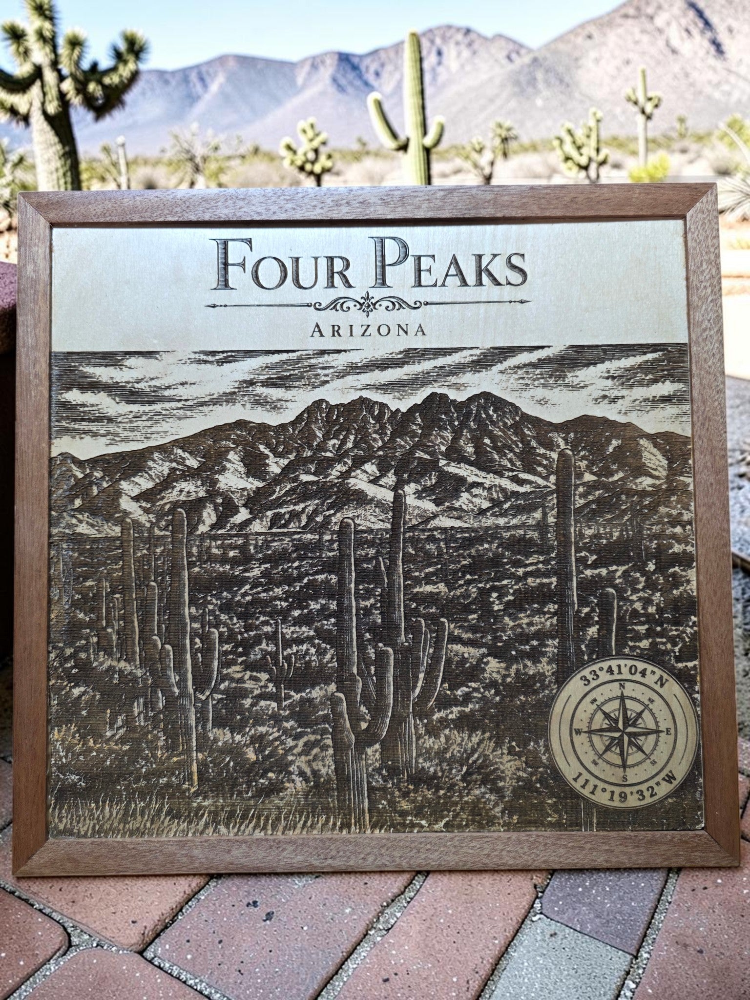 Four Peaks Arizona Laser Engraved Wood Wall Art with Solid Mahogany Frame