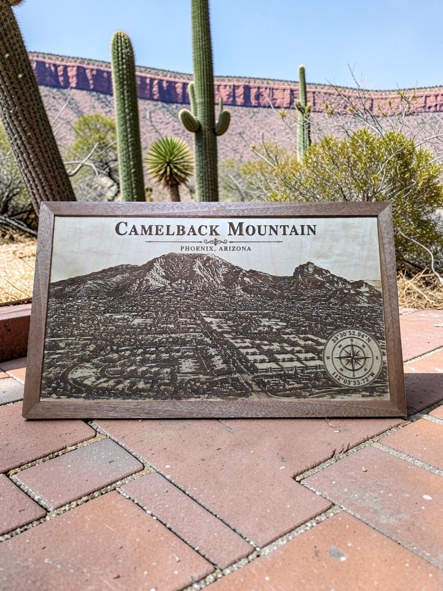 Camelback Mountain Phoenix Arizona Laser Engraved Wood Wall Art with Solid Mahogany Frame