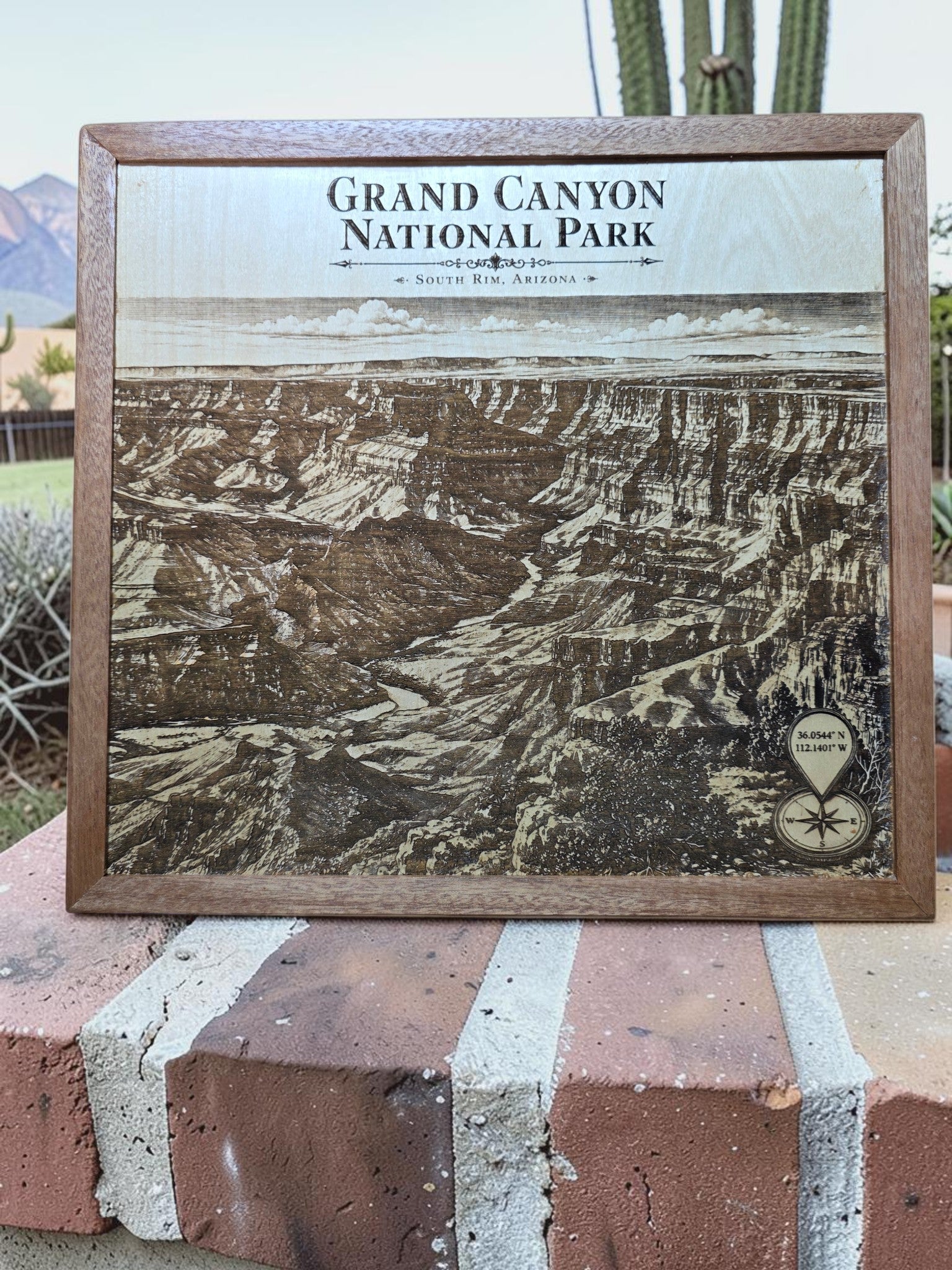 Grand Canyon National Park South Rim Arizona Laser Engraved Wood Wall Art with Solid Mahogany Frame
