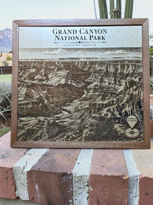 Grand Canyon National Park South Rim Arizona Laser Engraved Wood Wall Art with Solid Mahogany Frame