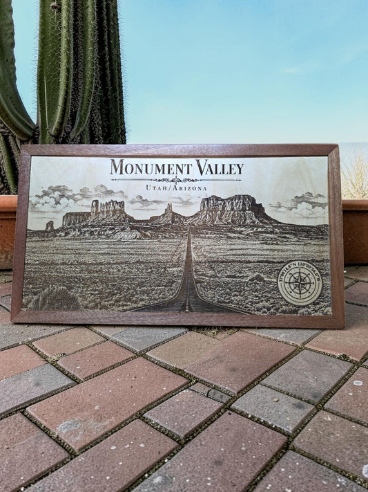 Monument Valley Utah Arizona Laser Engraved Wood Wall Art with Solid Mahogany Frame