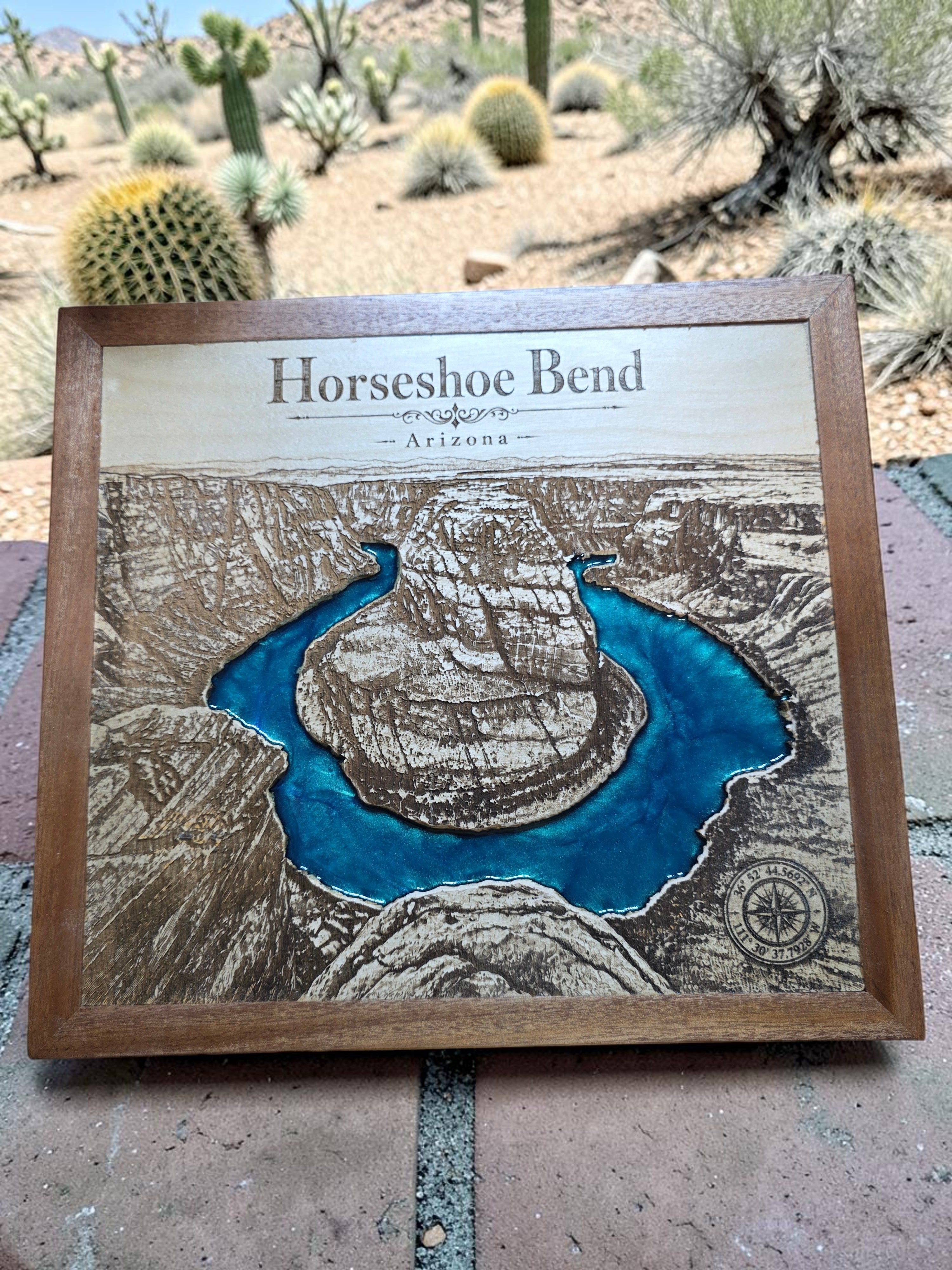 Horseshoe Bend Epoxy Resin Inlay Arizona Laser Engraved Wood Wall Art with Solid Mahogany Frame