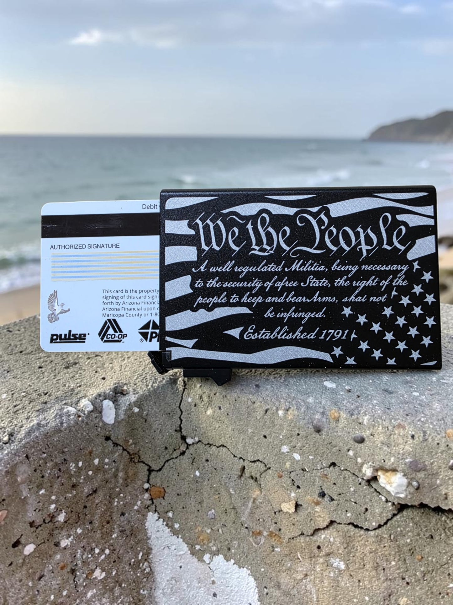 “We The People” Engraved Powder Coated Aluminum Metal Wallet – Double-Sided 5 Card Holder
